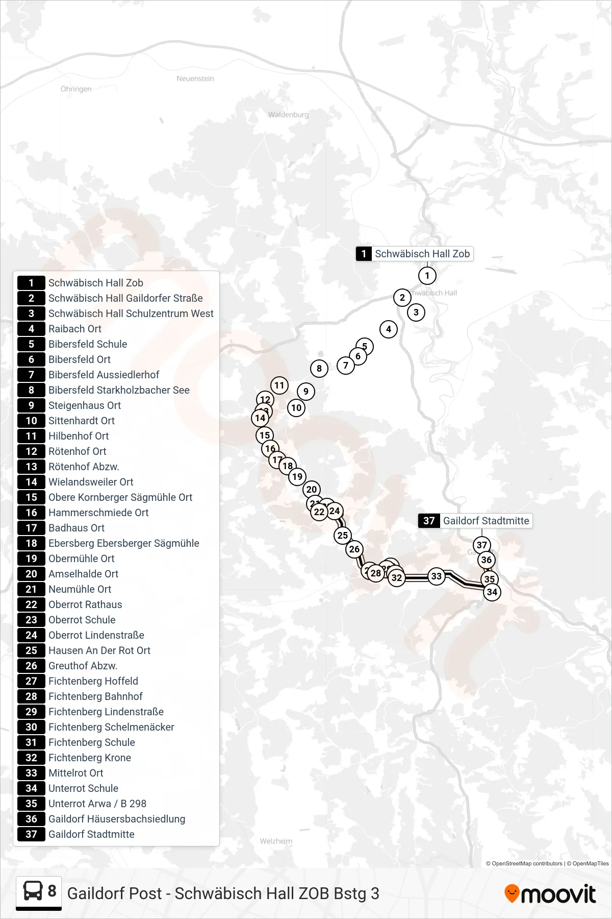 Linie 8 (Bus) Richtung Gaildorf Stadtmitte: Route und Haltestellen auf der Karte