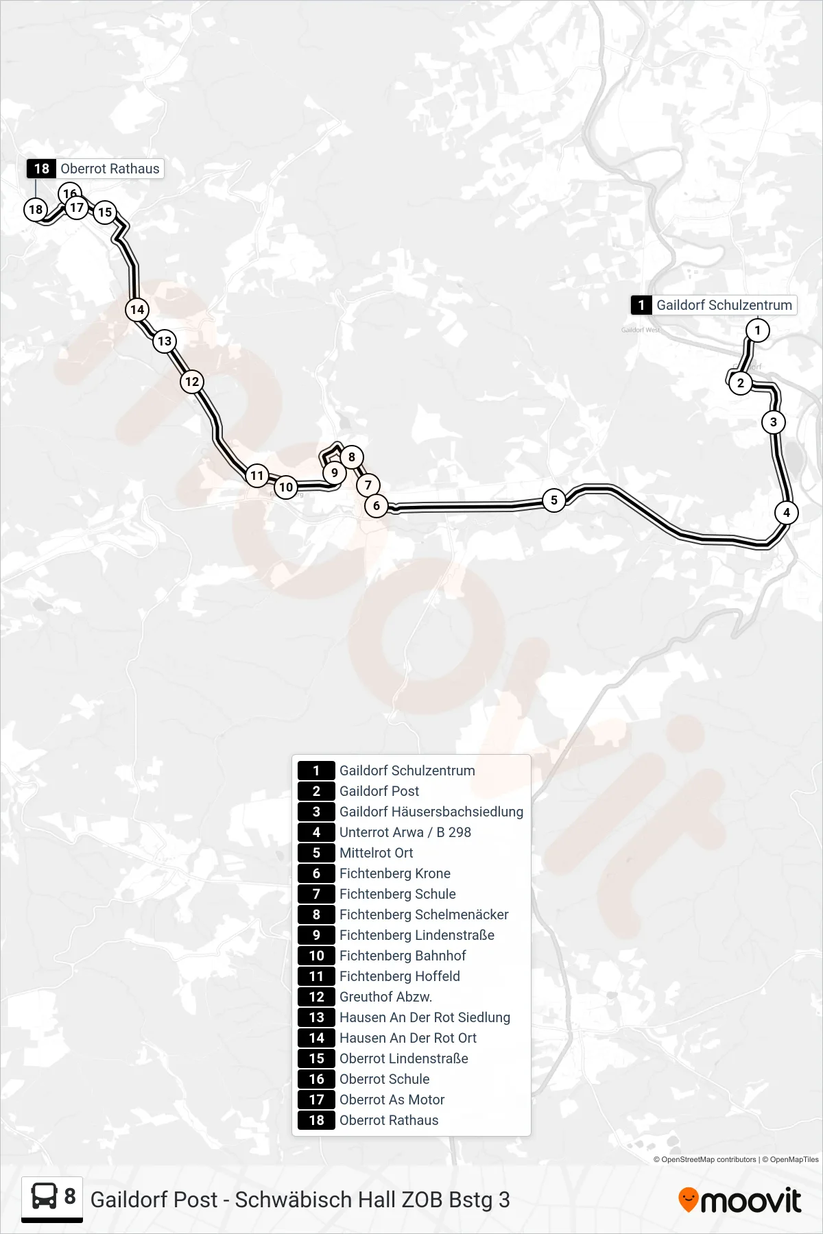 Linie 8 (Bus) Richtung Oberrot Rathaus: Route und Haltestellen auf der Karte