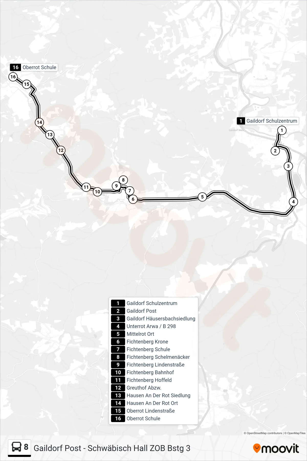 8 bus Line (Oberrot Schule) route and stops on a map