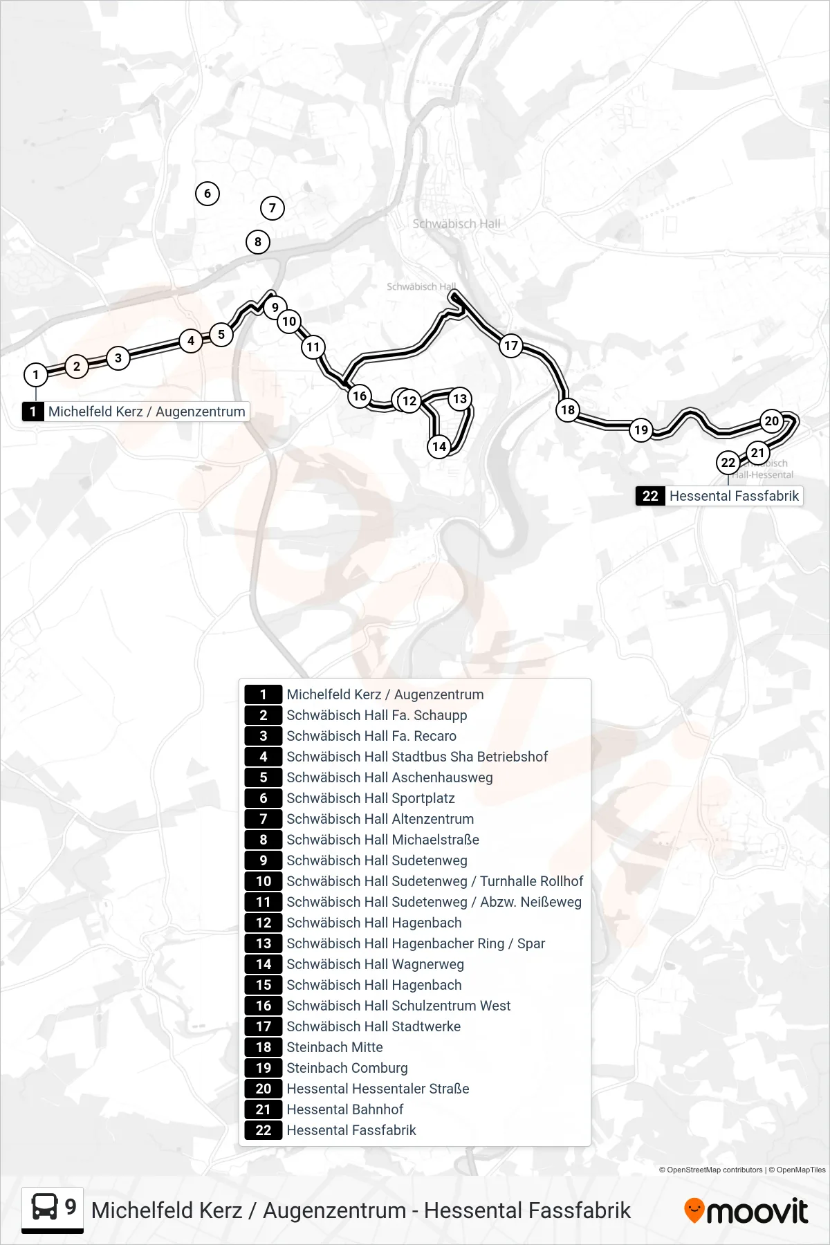 9 bus Line (Hessental Fassfabrik) route and stops on a map