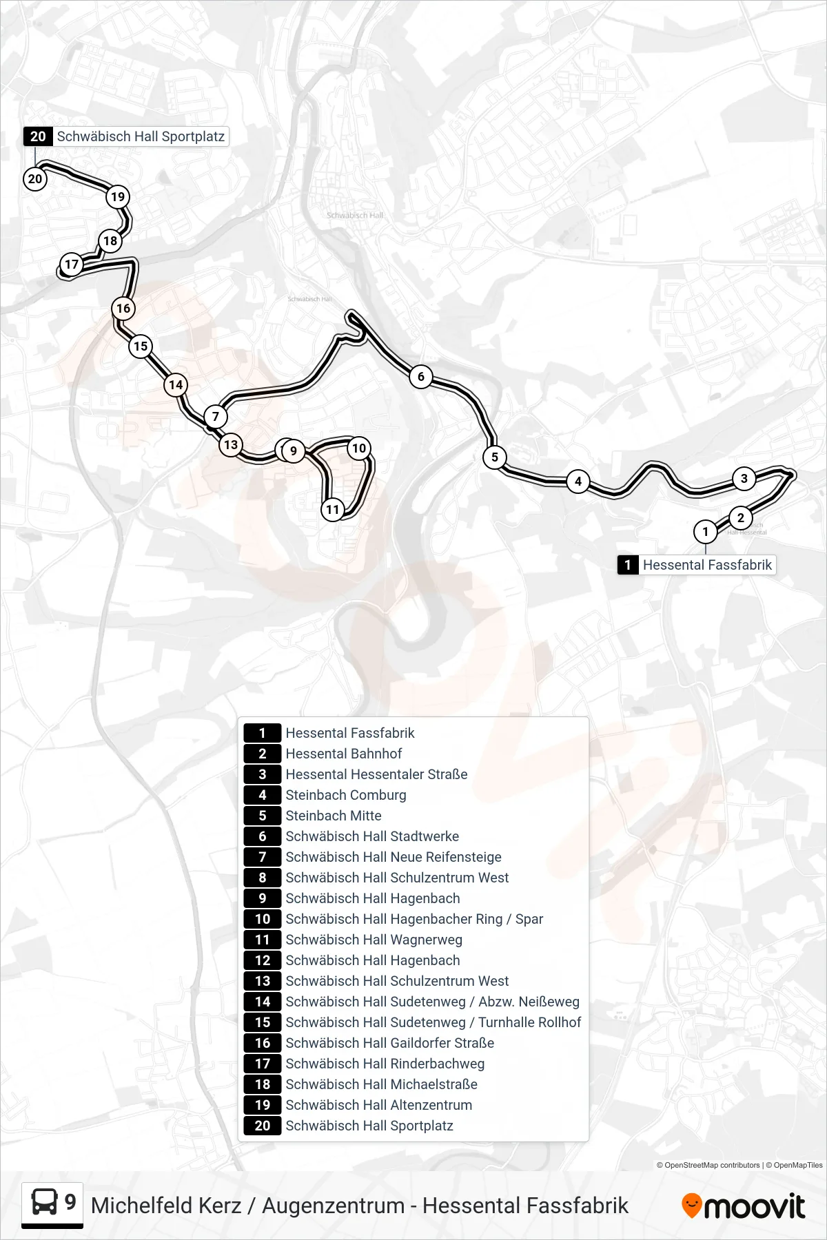 Linie 9 (Bus) Richtung Schwäbisch Hall Sportplatz: Route und Haltestellen auf der Karte