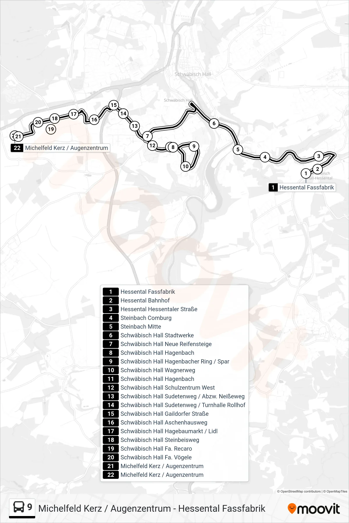 Linie 9 (Bus) Richtung Michelfeld Kerz / Augenzentrum: Route und Haltestellen auf der Karte