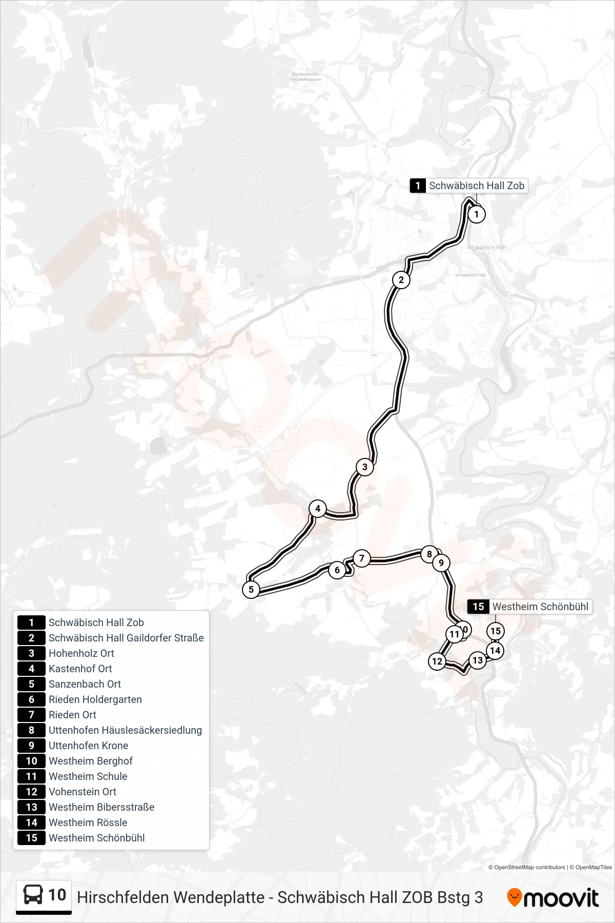10 bus Line (Westheim Schönbühl) route and stops on a map
