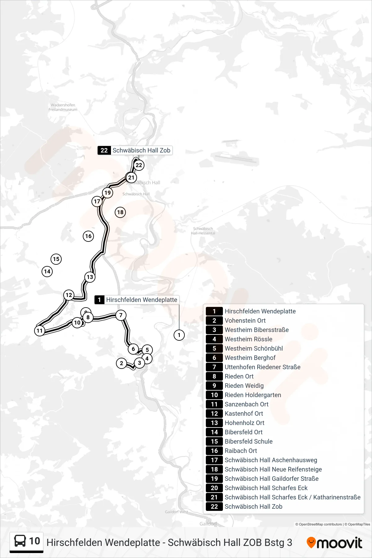 10 bus Line (Schwäbisch Hall Zob) route and stops on a map