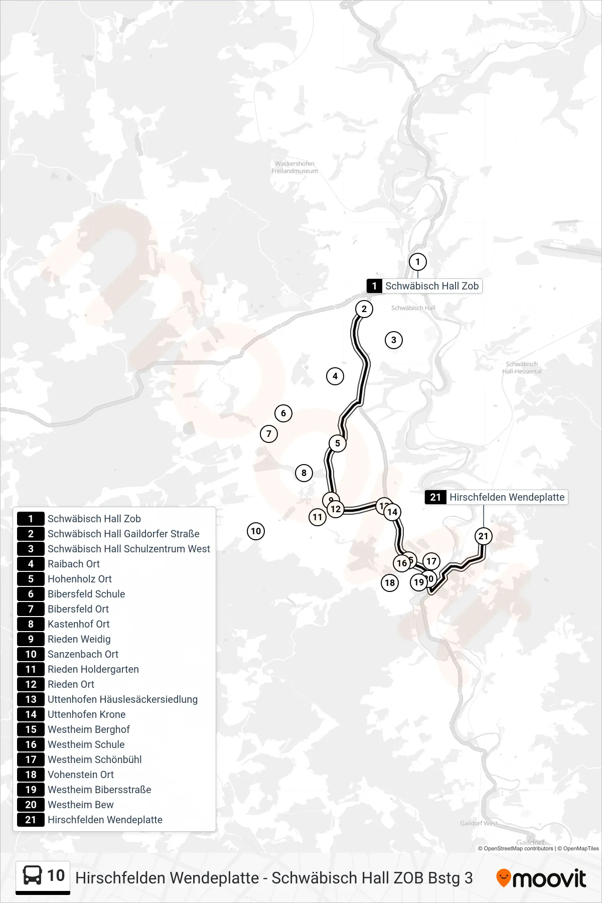 10 bus Line (Hirschfelden Wendeplatte) route and stops on a map