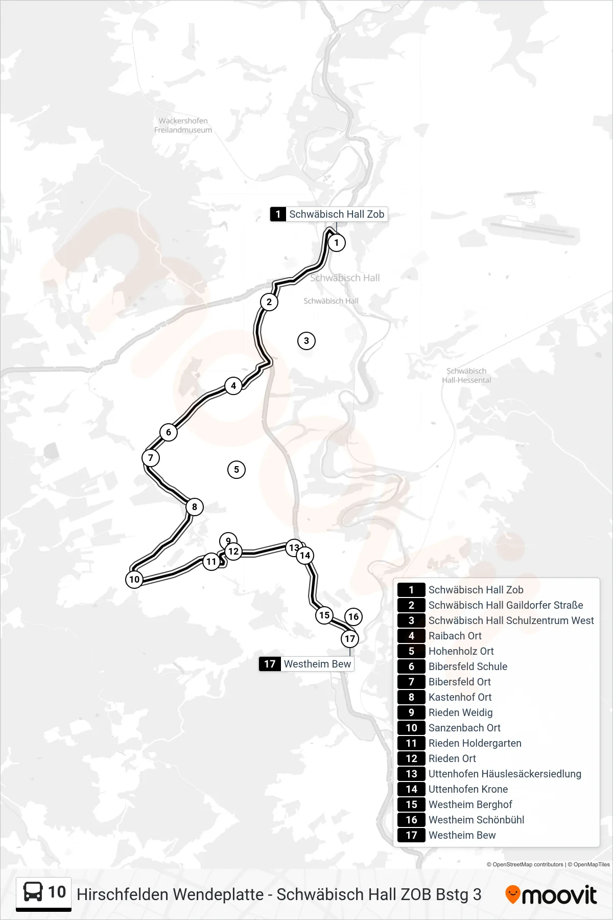 Linie 10 (Bus) Richtung Westheim Bew: Route und Haltestellen auf der Karte
