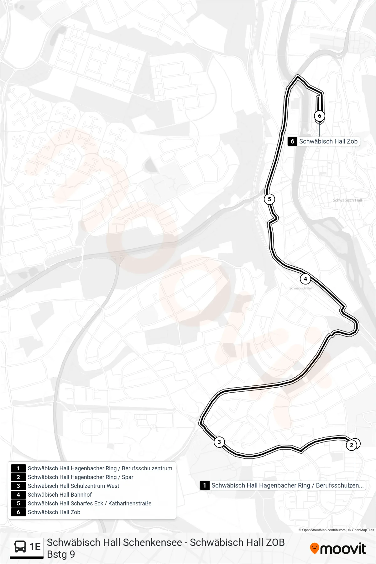 1E bus Line (Schwäbisch Hall Zob) route and stops on a map