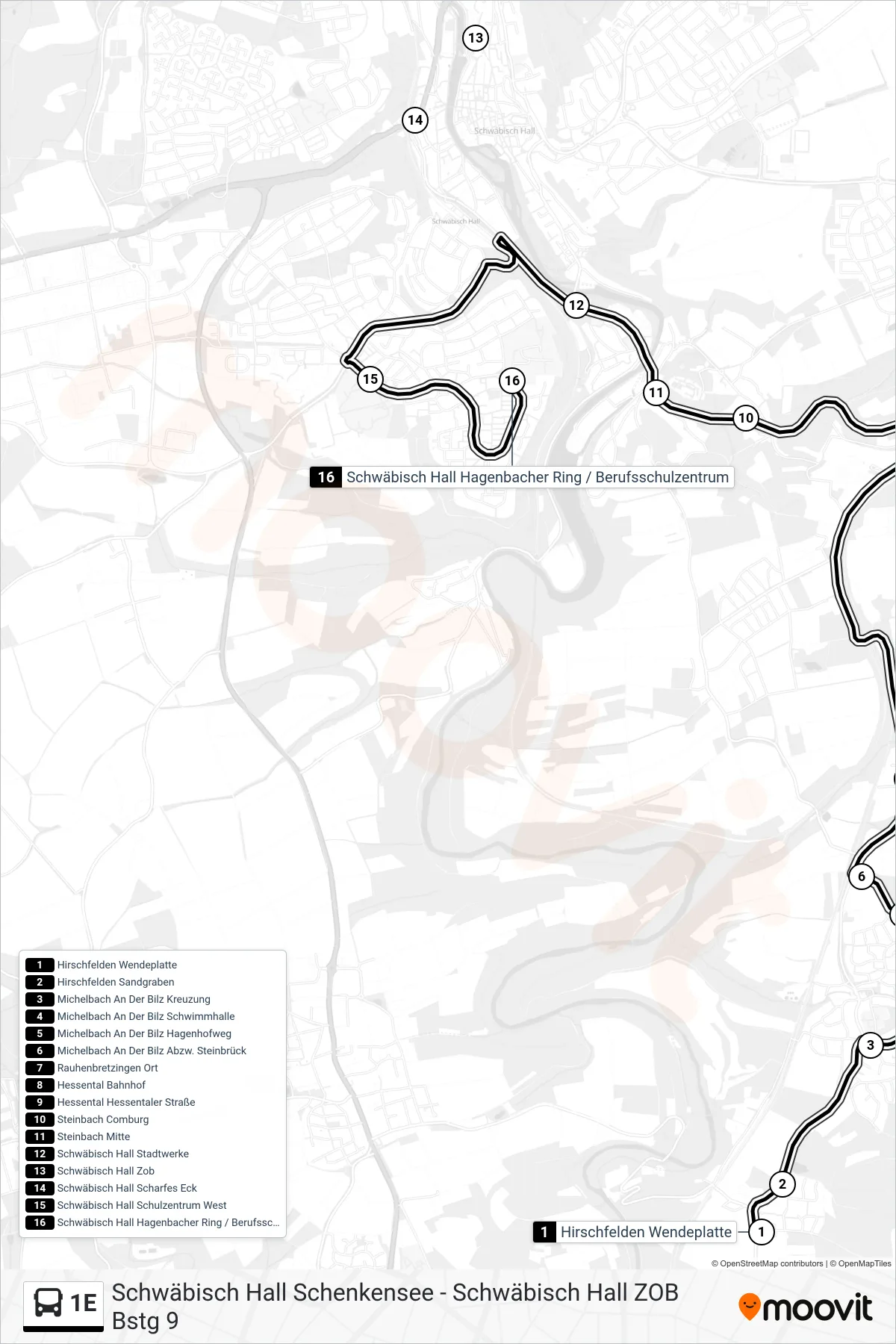 1E bus Line (Schwäbisch Hall Hagenbacher Ring / Berufsschulzentrum) route and stops on a map