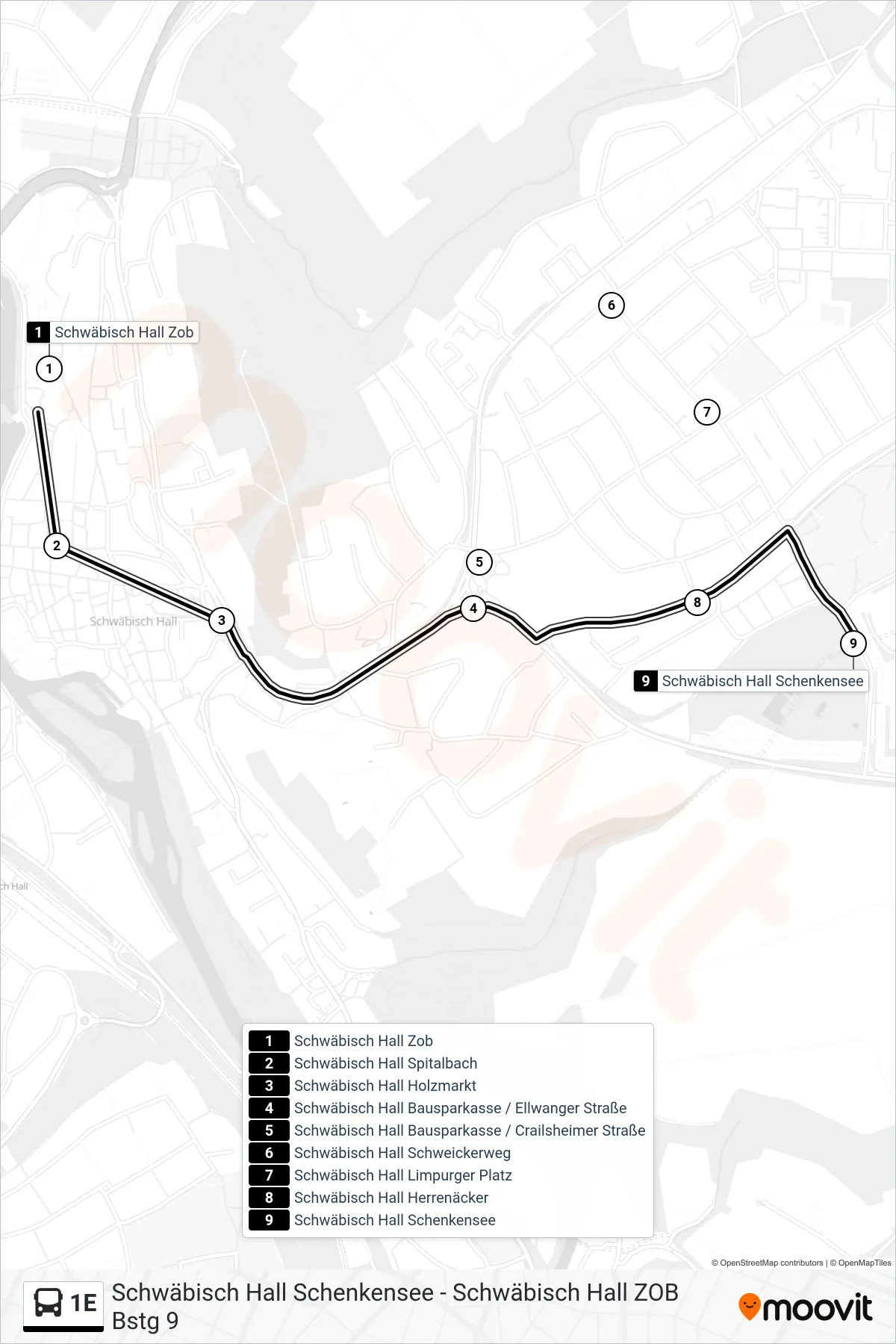 Linie 1E (Bus) Richtung Schwäbisch Hall Schenkensee: Route und Haltestellen auf der Karte