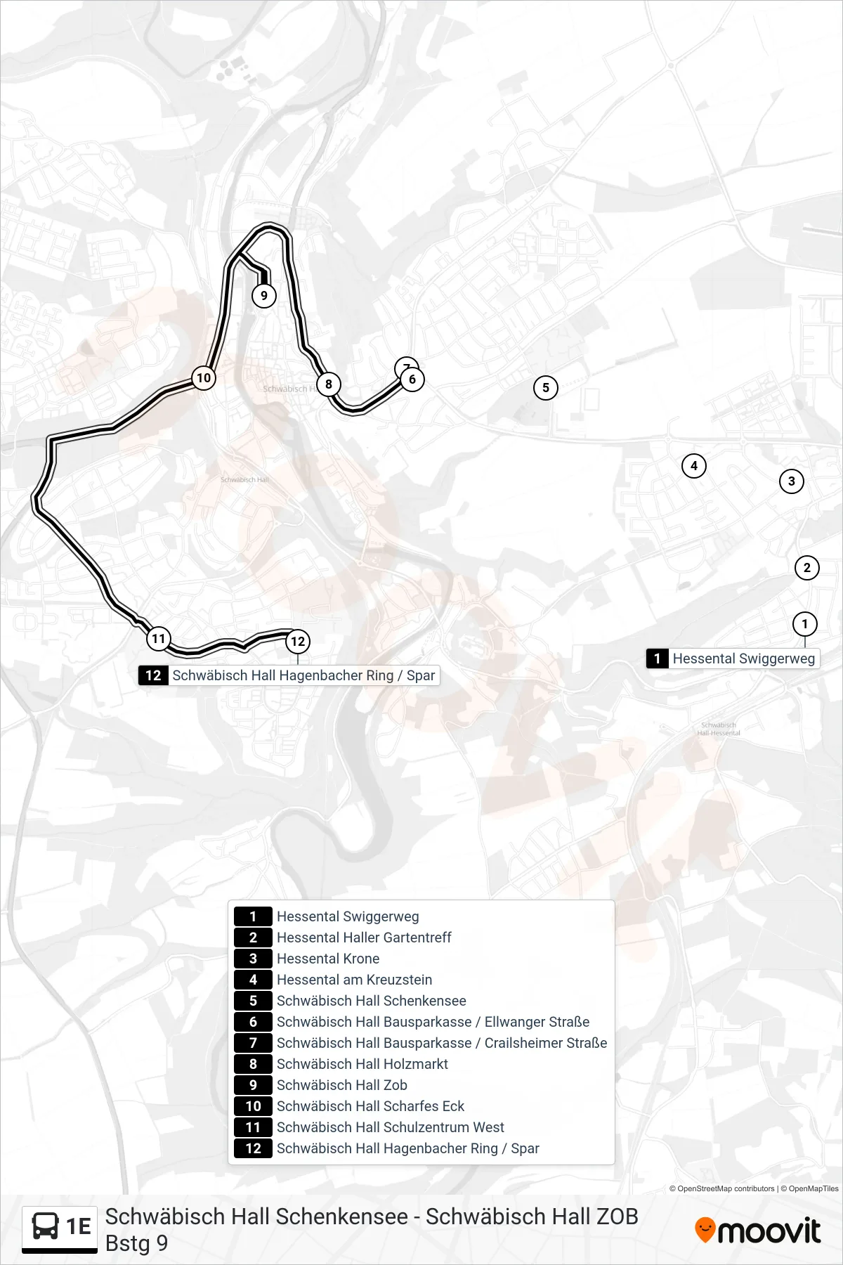 Linie 1E (Bus) Richtung Schwäbisch Hall Hagenbacher Ring / Spar: Route und Haltestellen auf der Karte