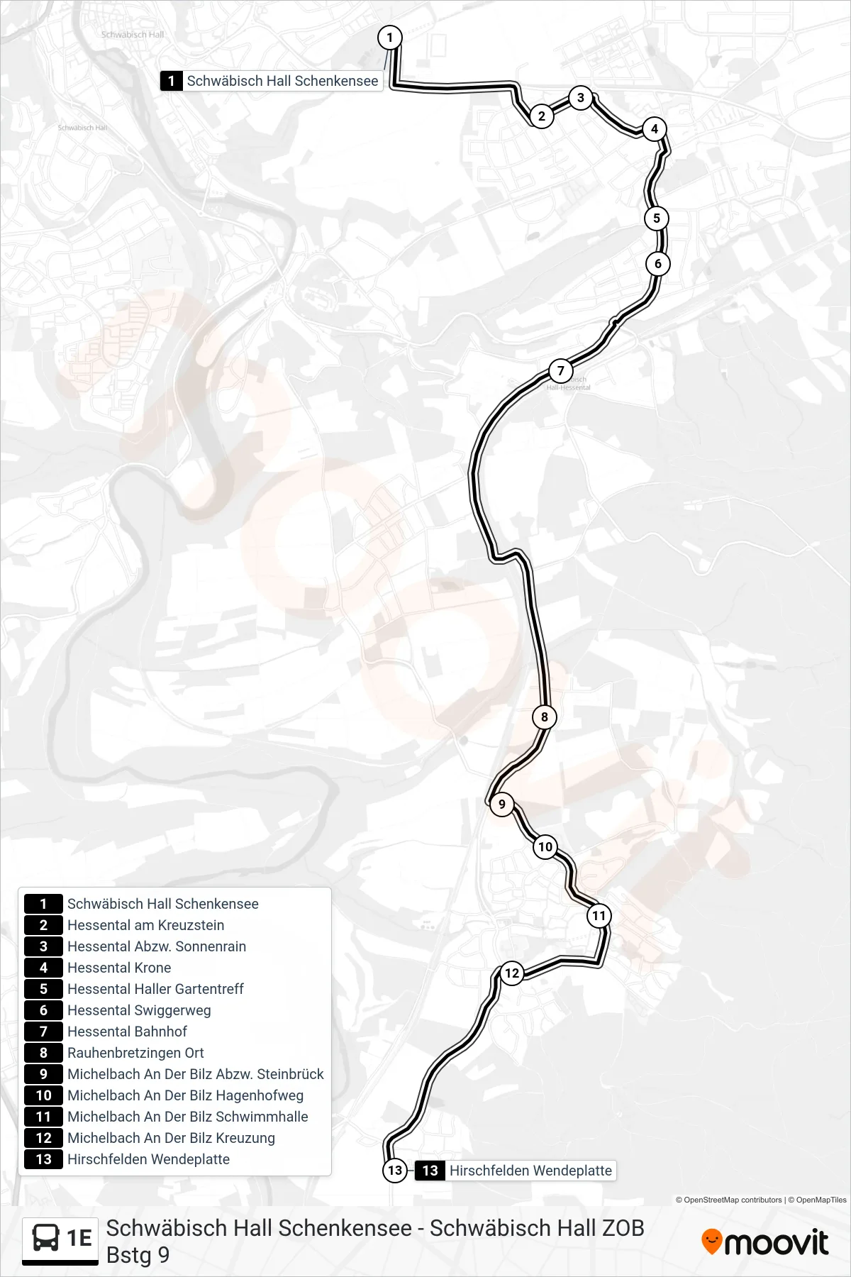 1E bus Line (Hirschfelden Wendeplatte) route and stops on a map