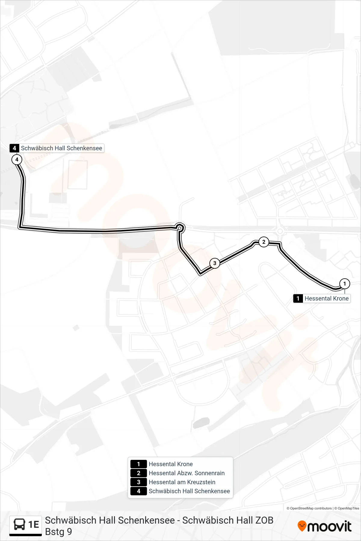 1E bus Line (Schwäbisch Hall Schenkensee) route and stops on a map