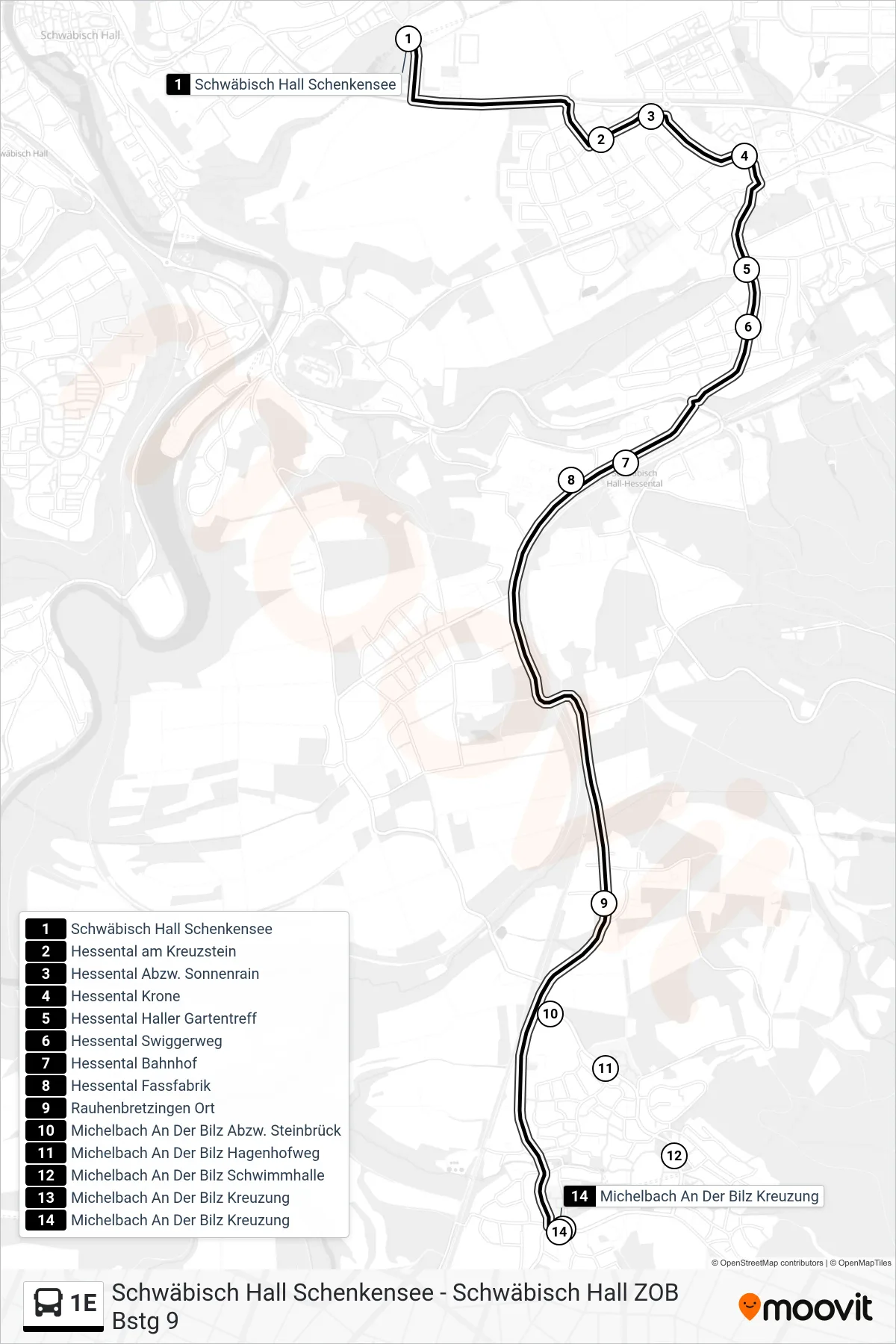 1E bus Line (Michelbach An Der Bilz Kreuzung) route and stops on a map