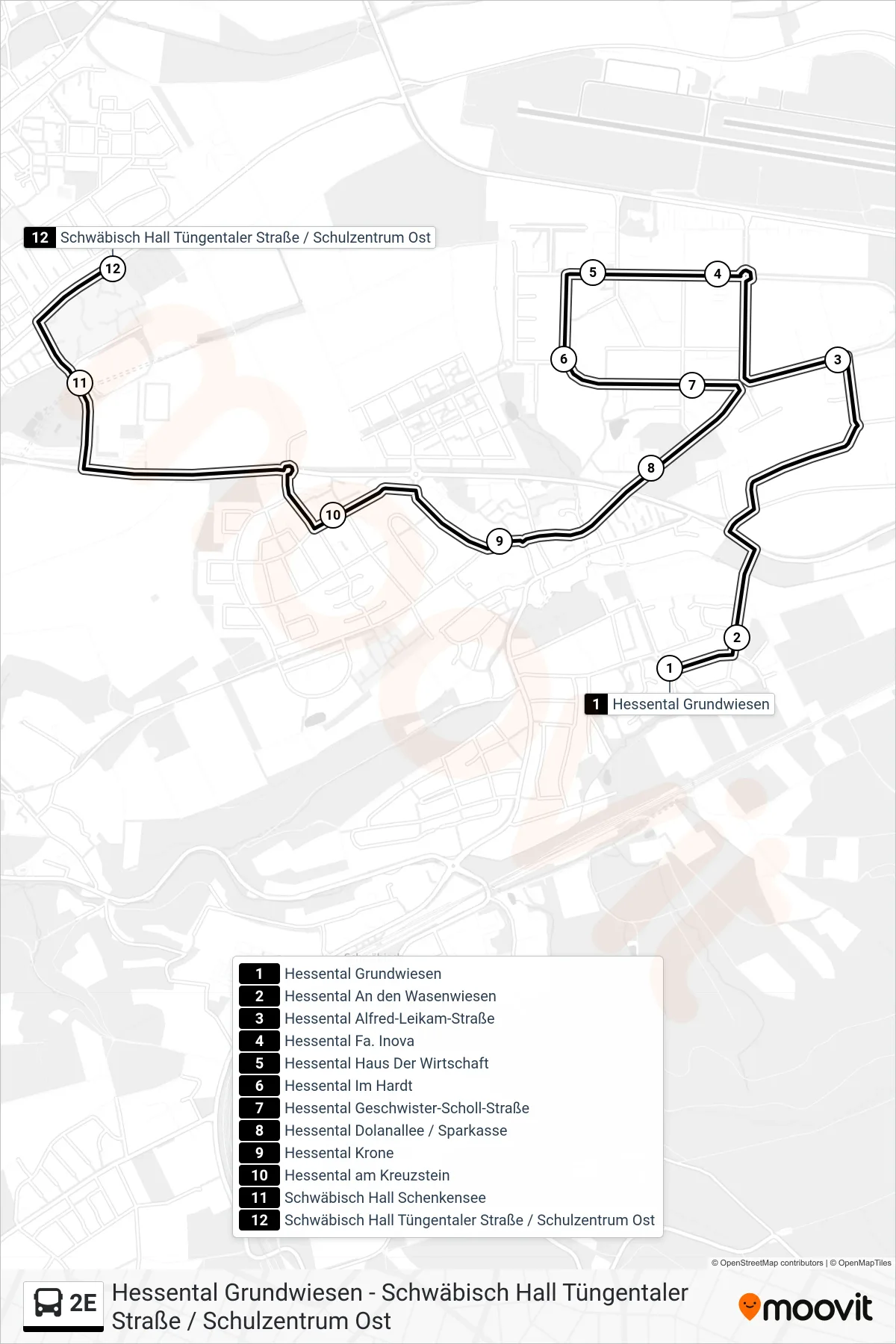 Linie 2E (Bus) Richtung Schwäbisch Hall Tüngentaler Straße / Schulzentrum Ost: Route und Haltestellen auf der Karte