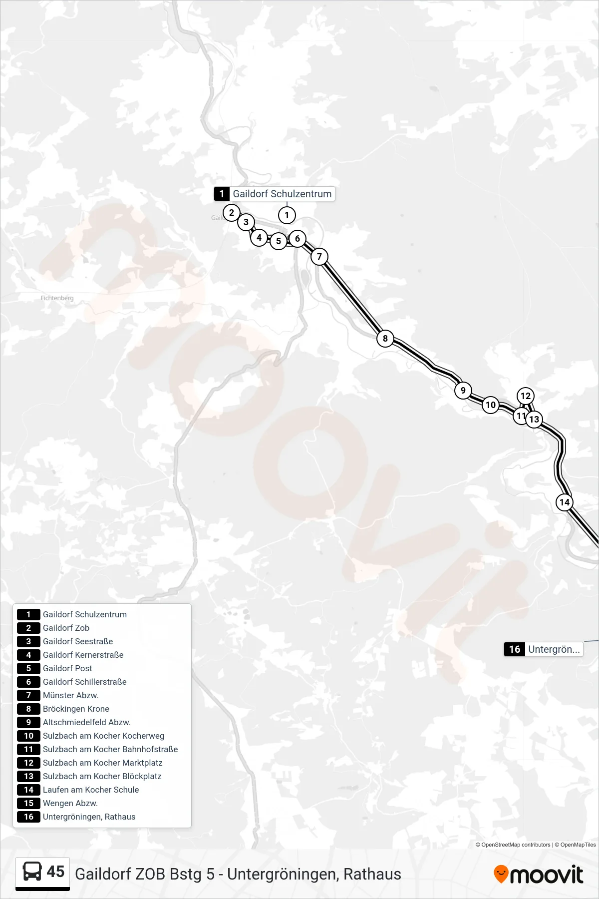 45 bus Line (Untergröningen, Rathaus) route and stops on a map