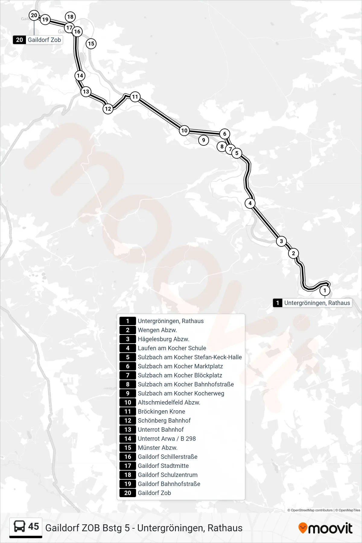 Linie 45 (Bus) Richtung Gaildorf Zob: Route und Haltestellen auf der Karte