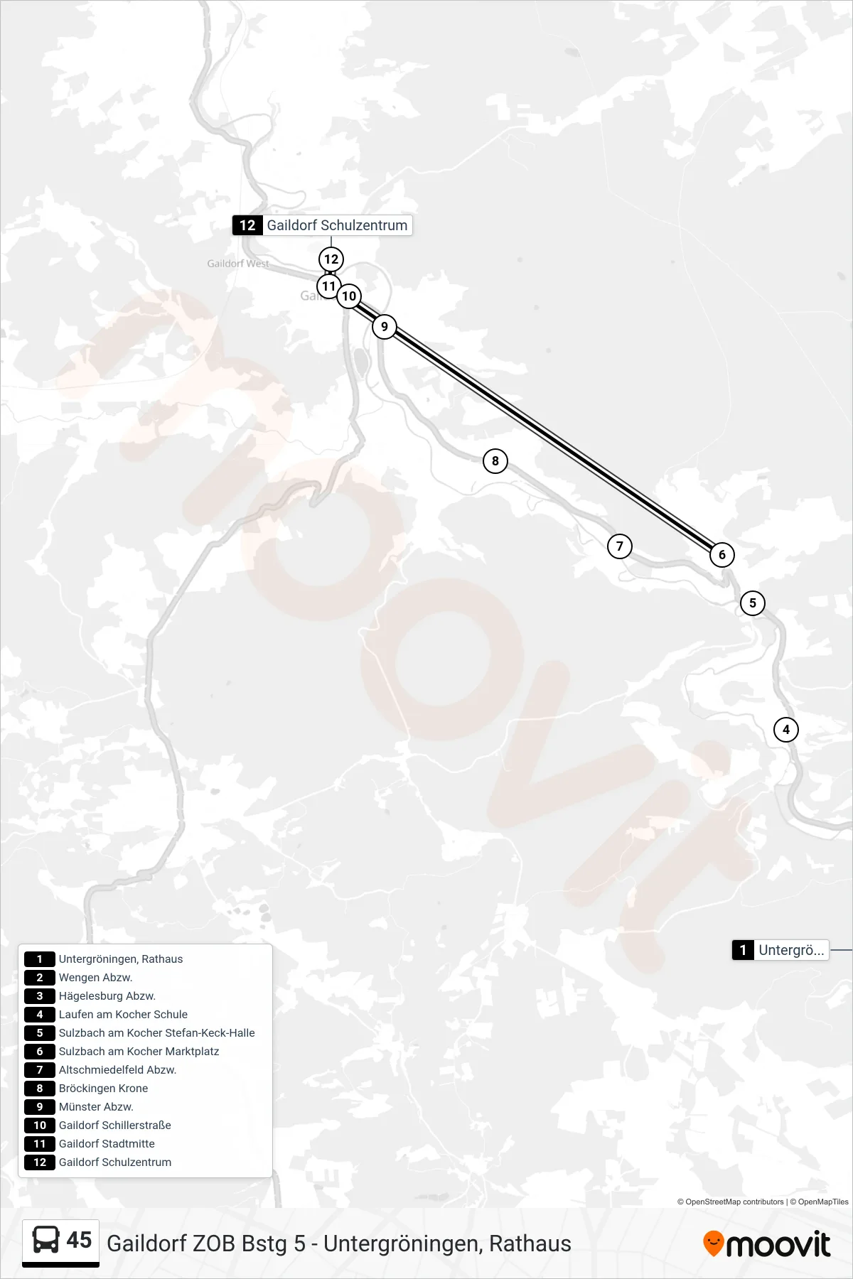 45 bus Line (Gaildorf Schulzentrum) route and stops on a map
