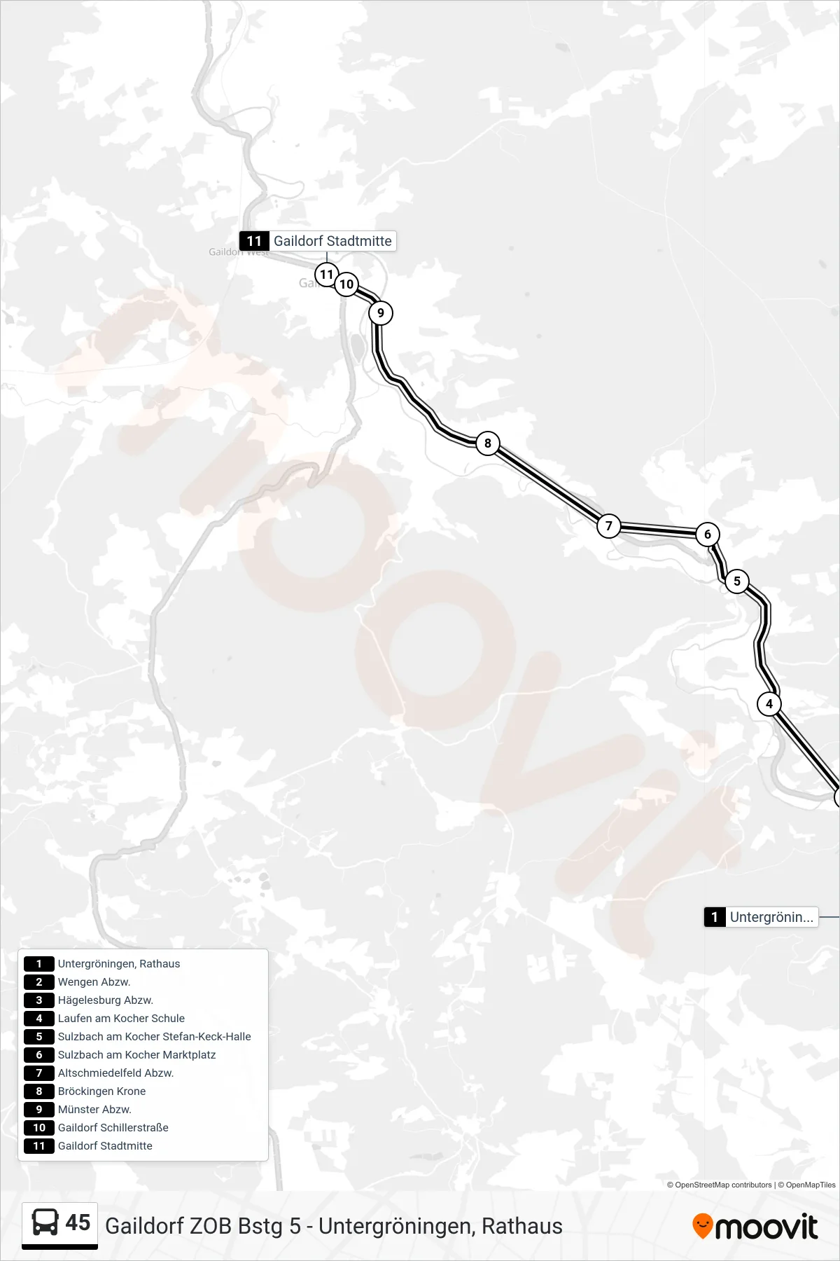 45 bus Line (Gaildorf Stadtmitte) route and stops on a map