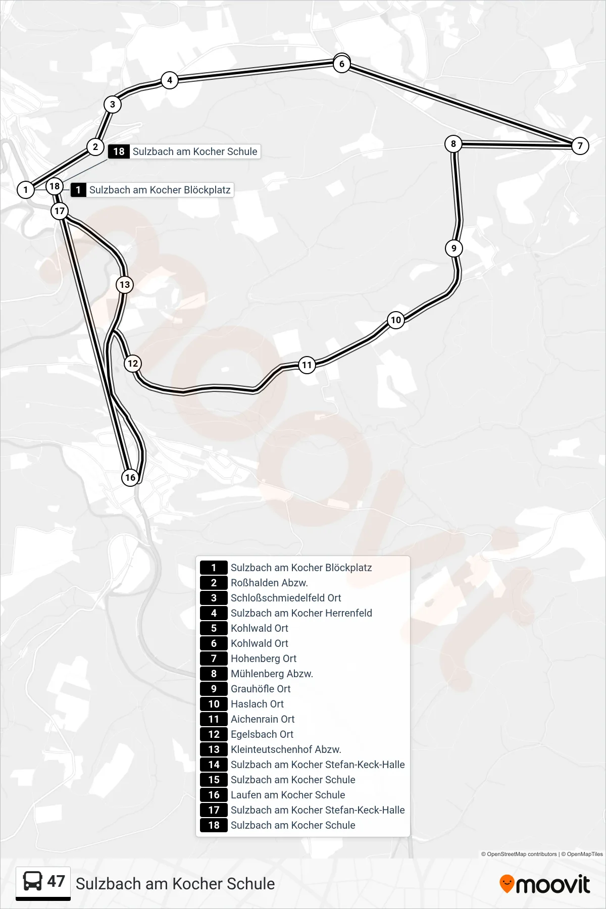 47 bus Line (Sulzbach am Kocher Schule) route and stops on a map