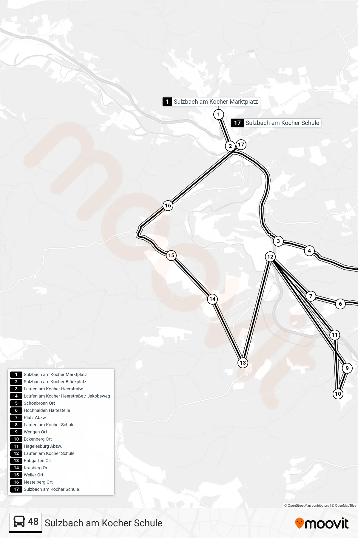 48 bus Line (Sulzbach am Kocher Schule) route and stops on a map