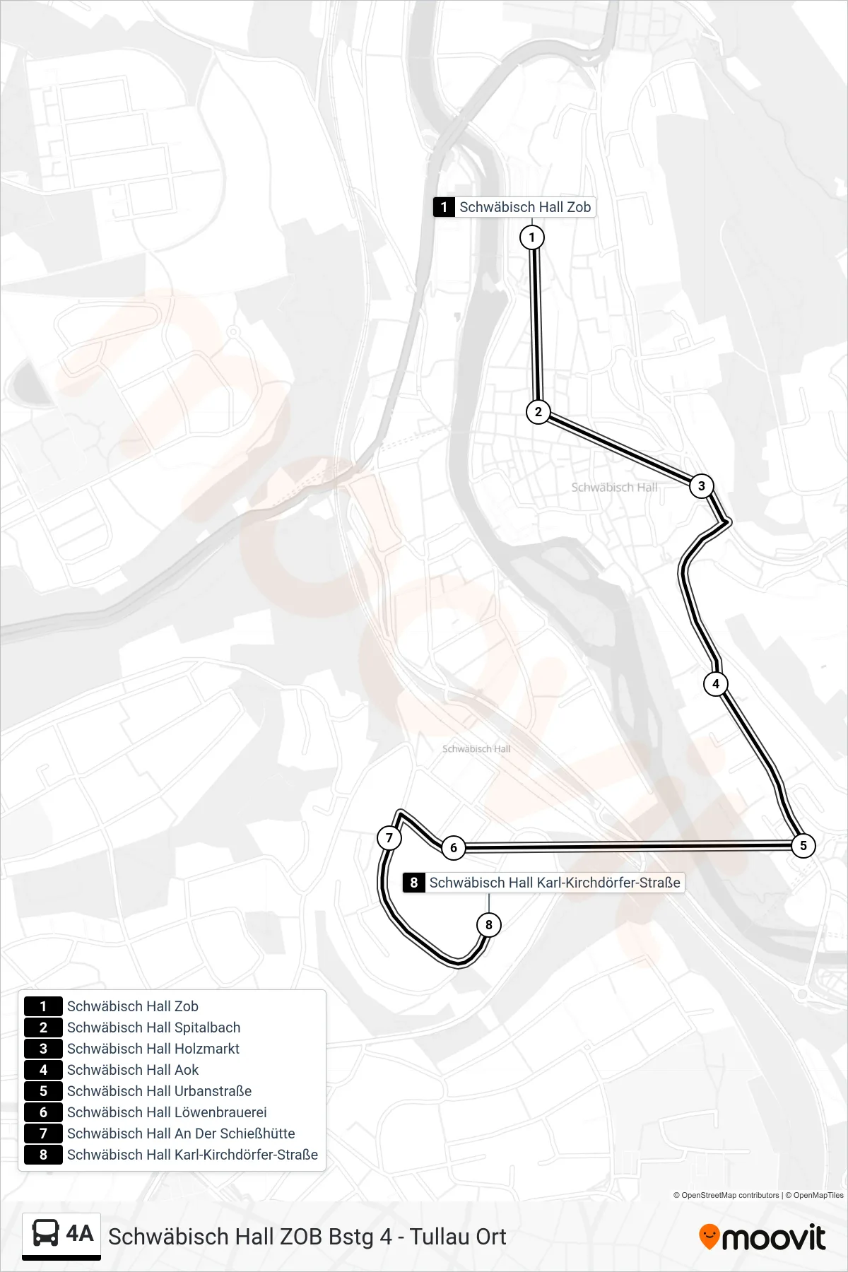 Linie 4A (Bus) Richtung Schwäbisch Hall Karl-Kirchdörfer-Straße: Route und Haltestellen auf der Karte