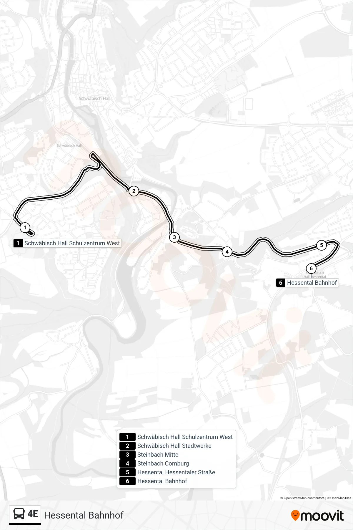 Linie 4E (Bus) Richtung Hessental Bahnhof: Route und Haltestellen auf der Karte