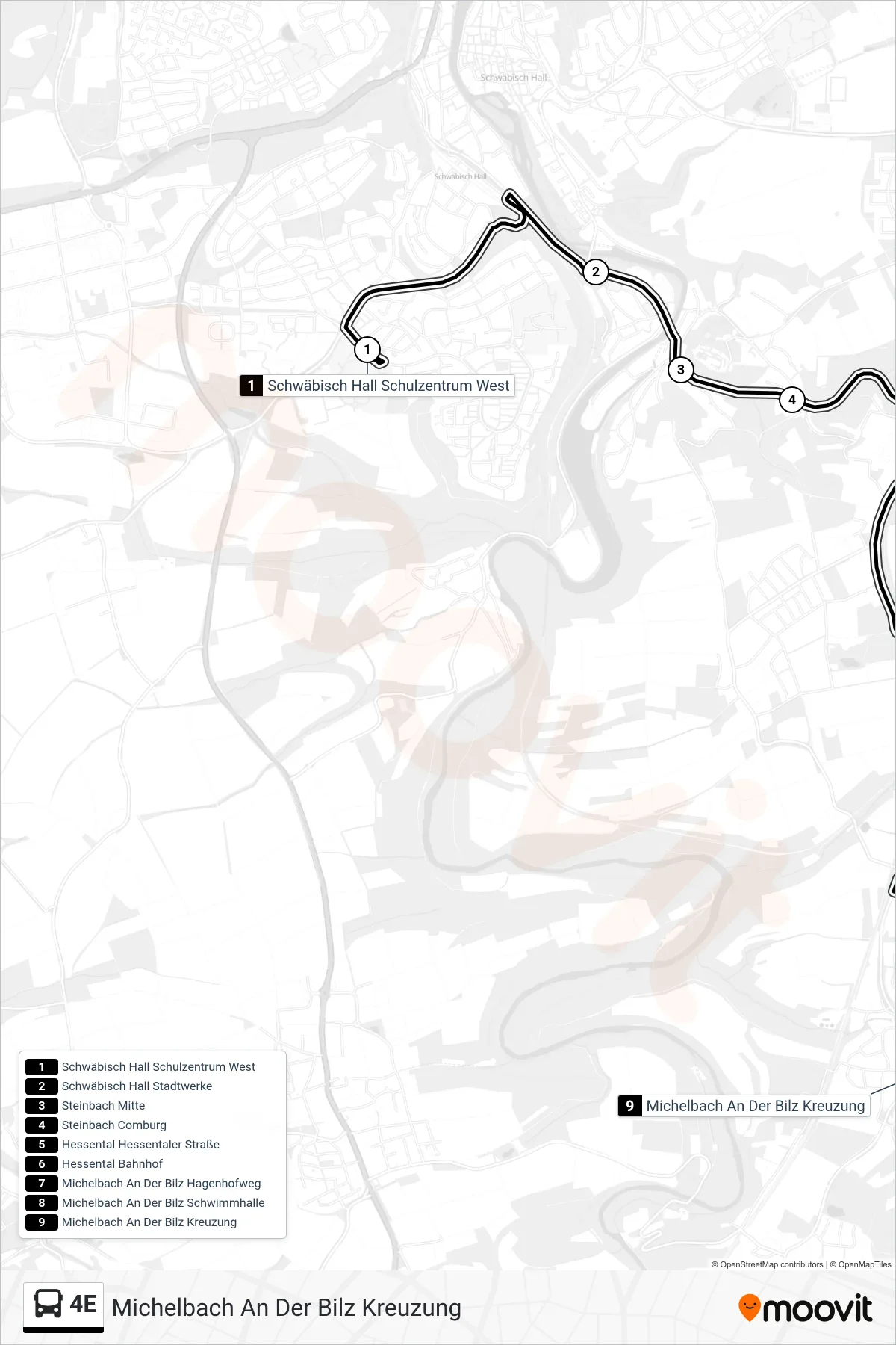 Linie 4E (Bus) Richtung Michelbach An Der Bilz Kreuzung: Route und Haltestellen auf der Karte