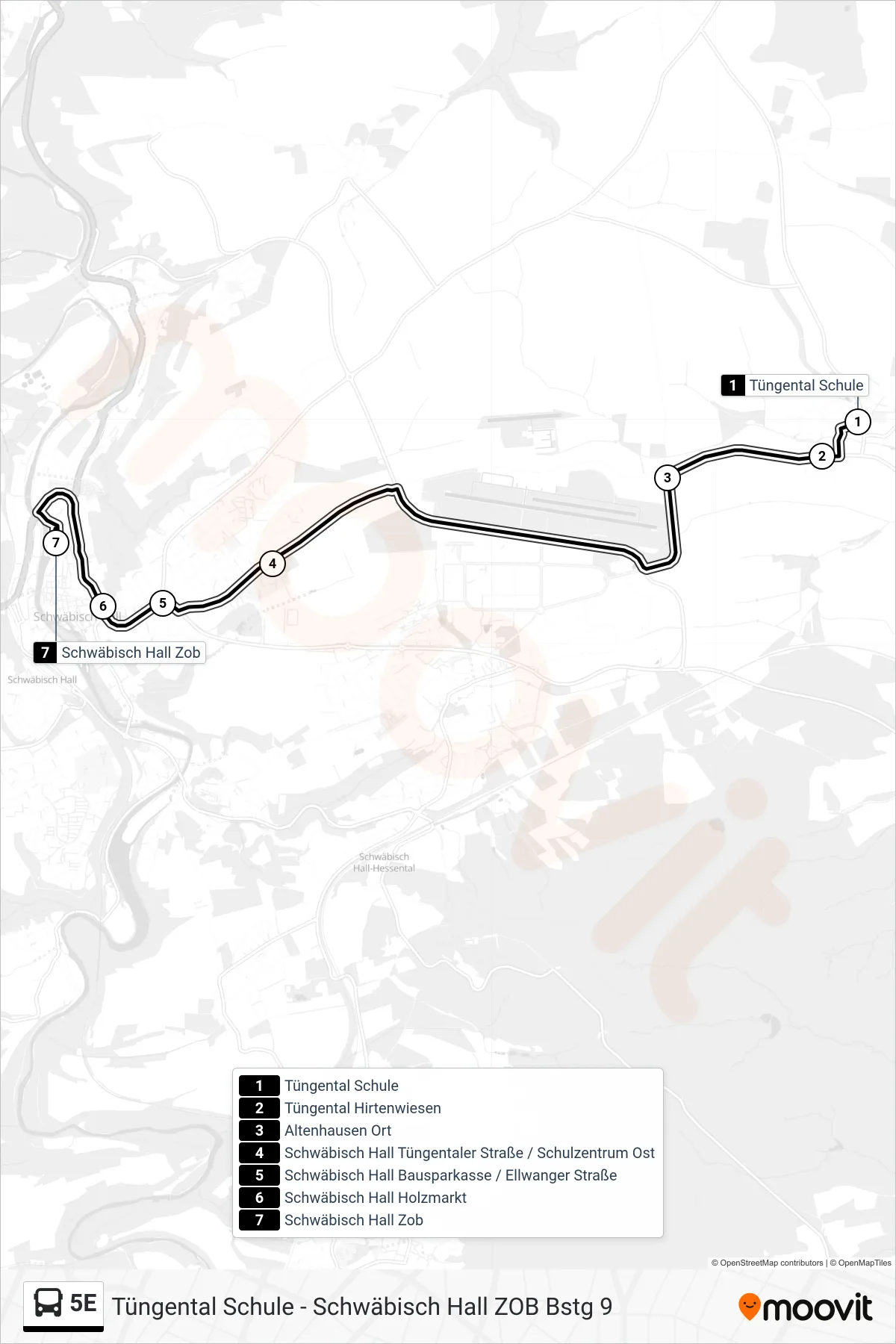 5E bus Line (Schwäbisch Hall Zob) route and stops on a map