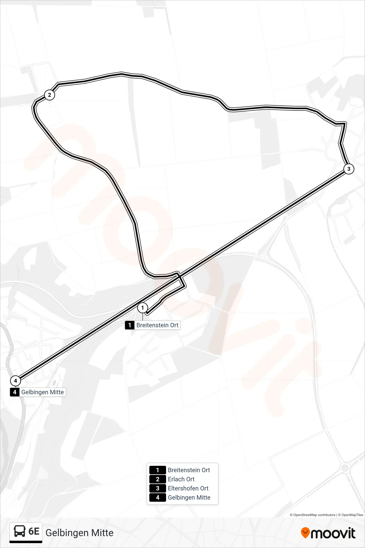 6E bus Line (Gelbingen Mitte) route and stops on a map
