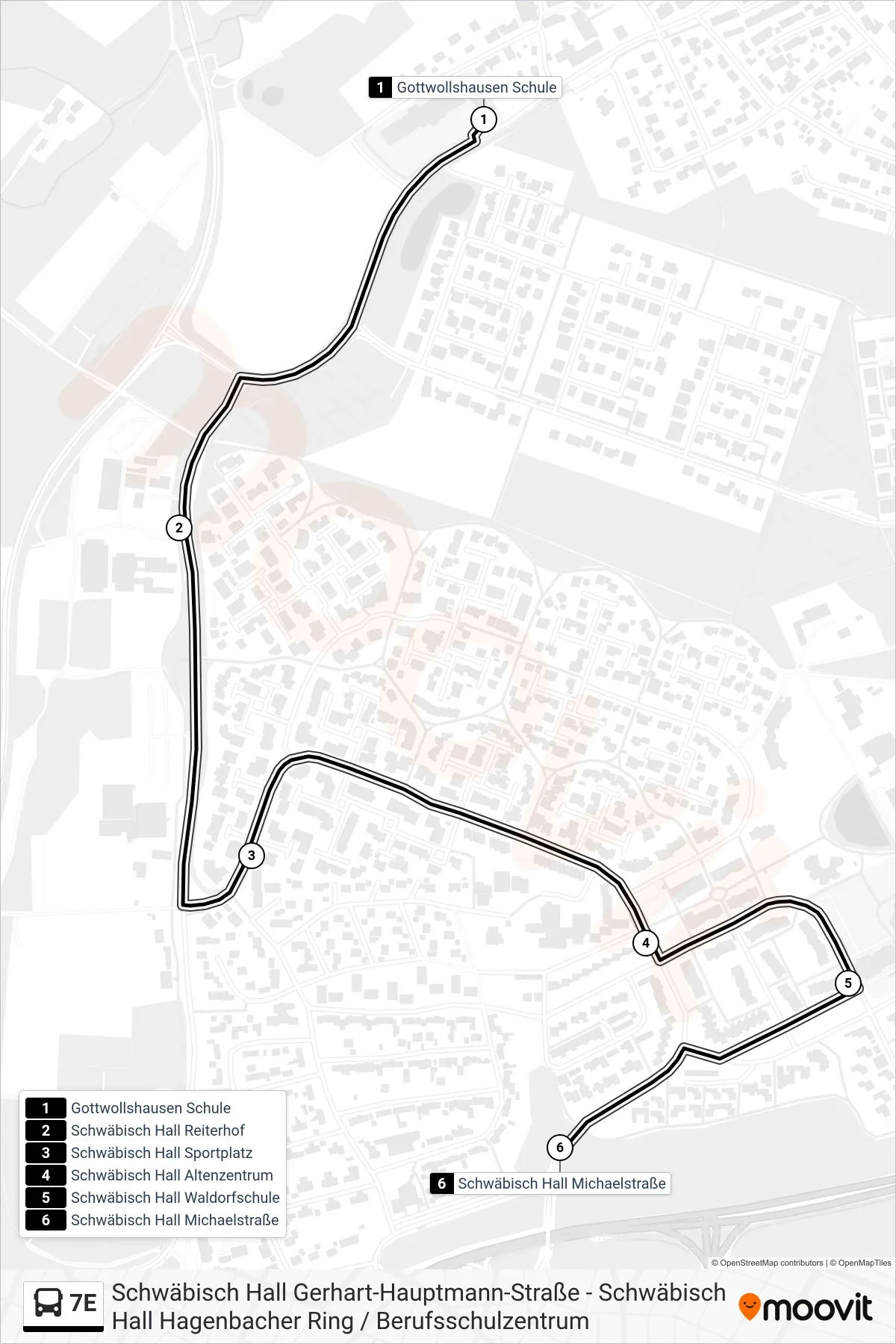 7E bus Line (Schwäbisch Hall Michaelstraße) route and stops on a map