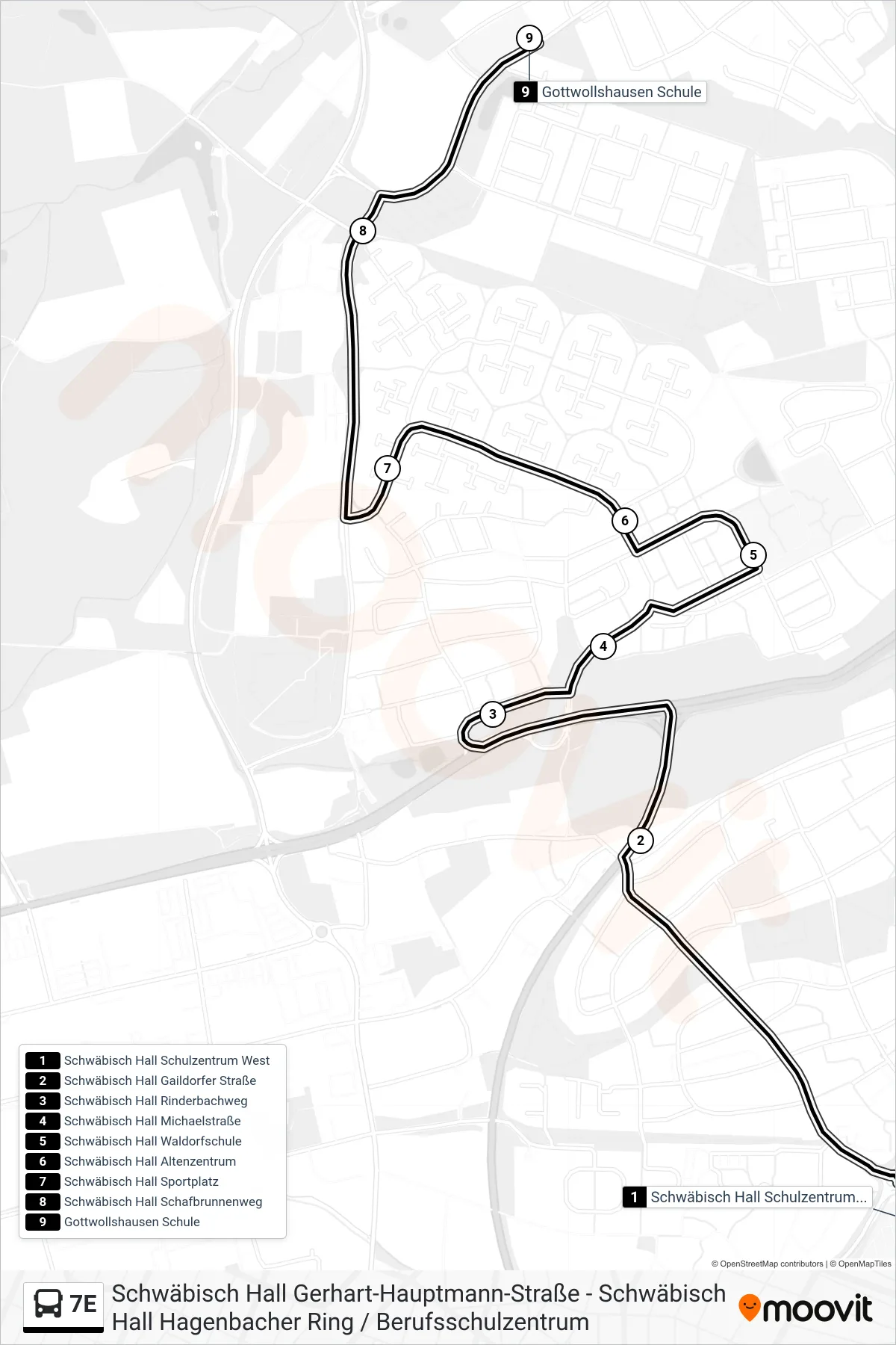 7E bus Line (Gottwollshausen Schule) route and stops on a map