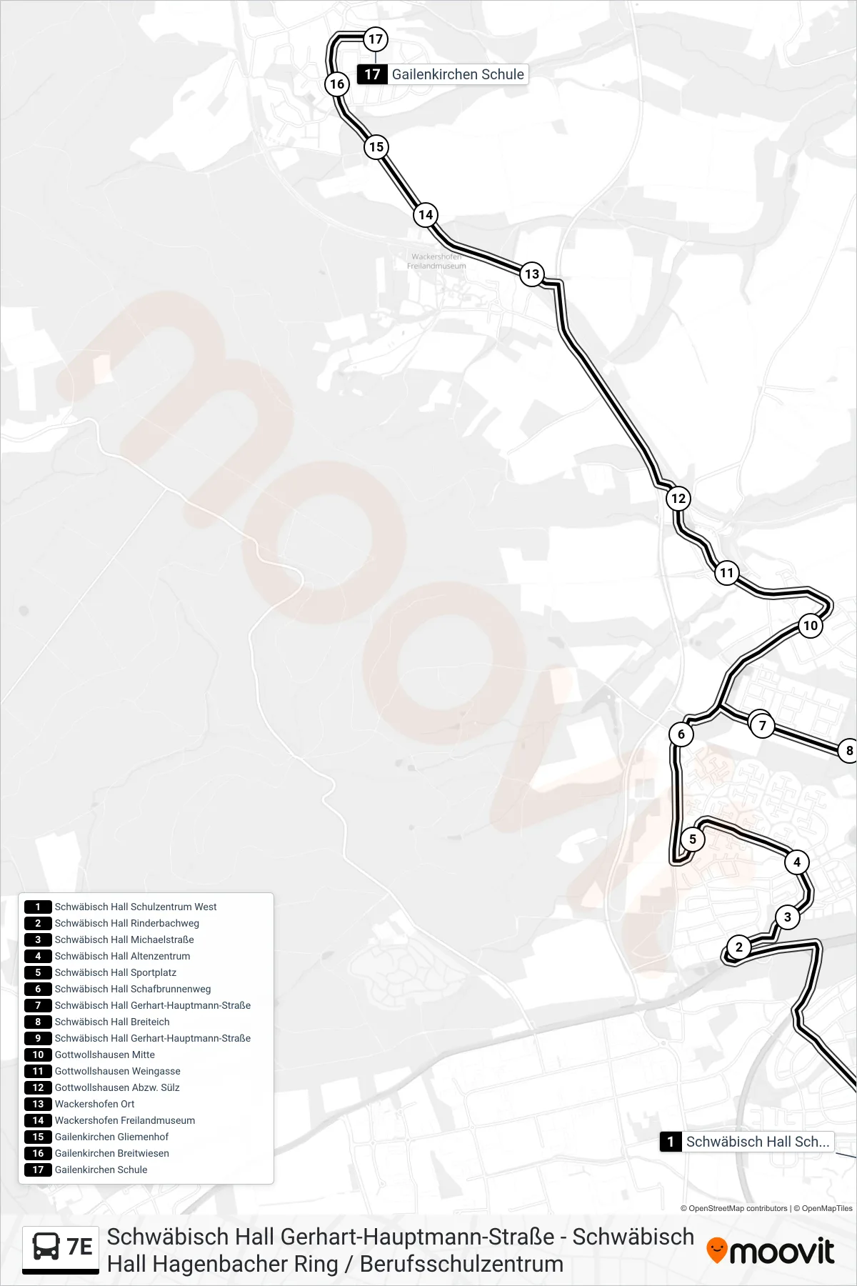 7E bus Line (Gailenkirchen Schule) route and stops on a map