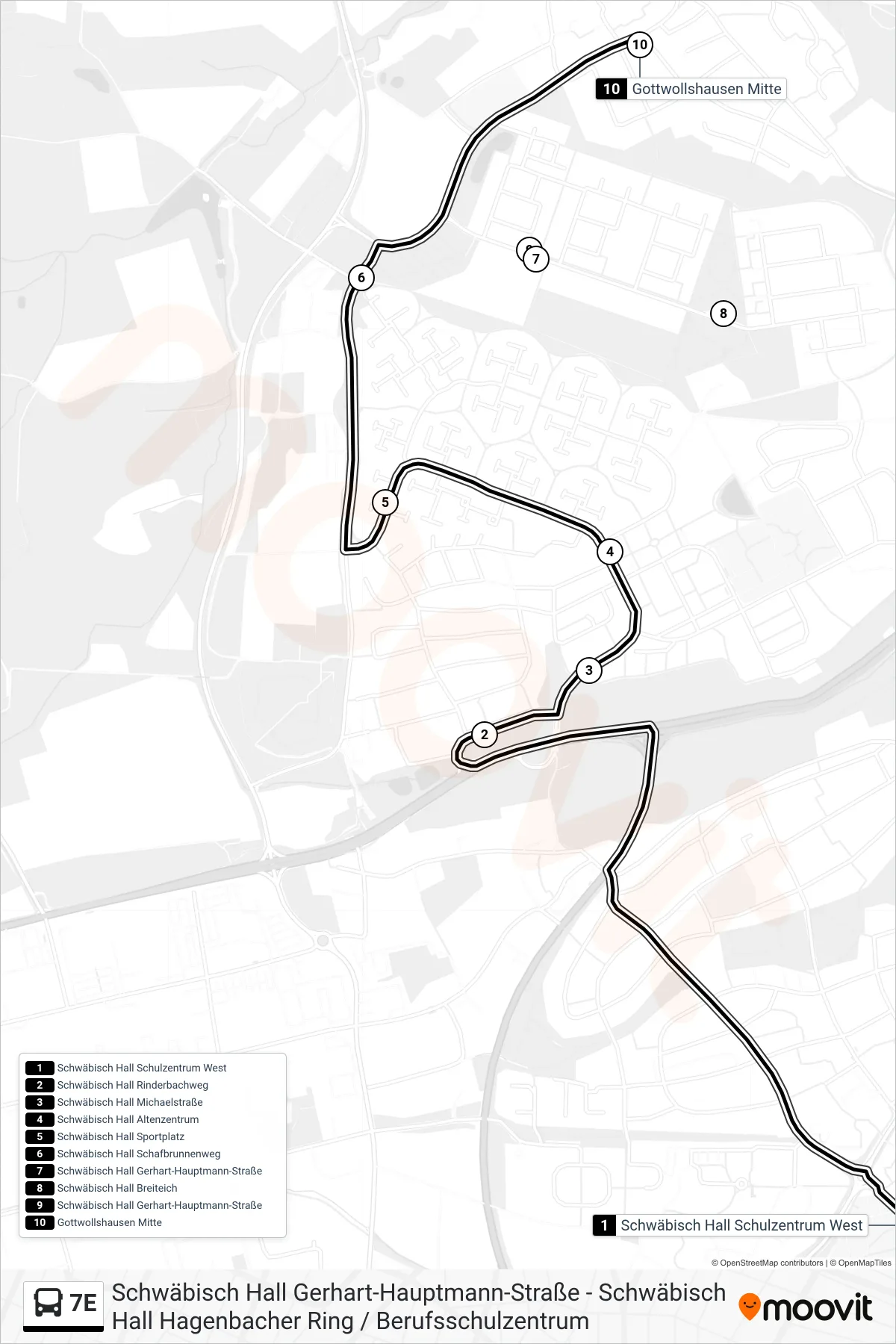 7E bus Line (Gottwollshausen Mitte) route and stops on a map