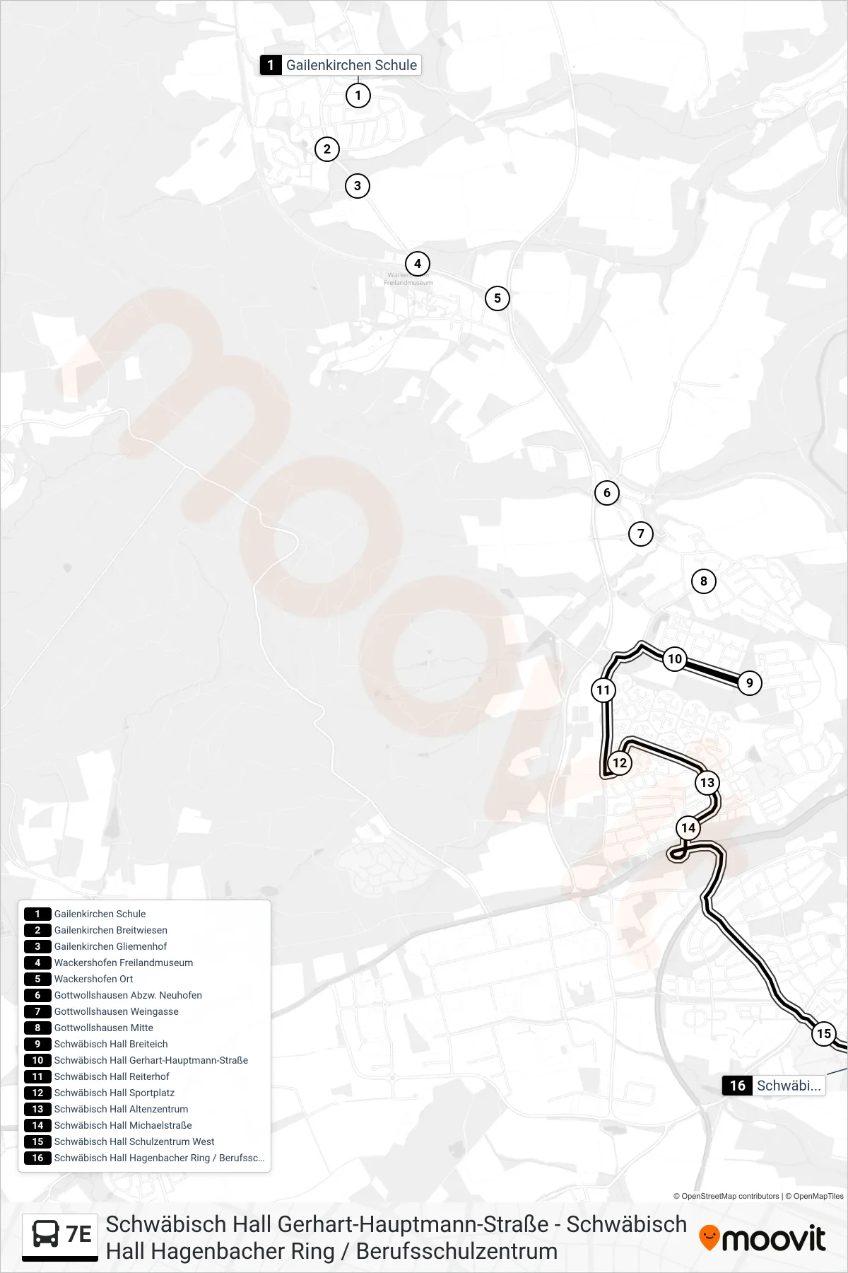 Linie 7E (Bus) Richtung Schwäbisch Hall Hagenbacher Ring / Berufsschulzentrum: Route und Haltestellen auf der Karte