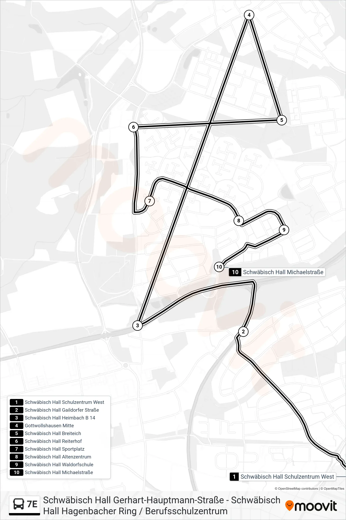 7E bus Line (Schwäbisch Hall Michaelstraße) route and stops on a map