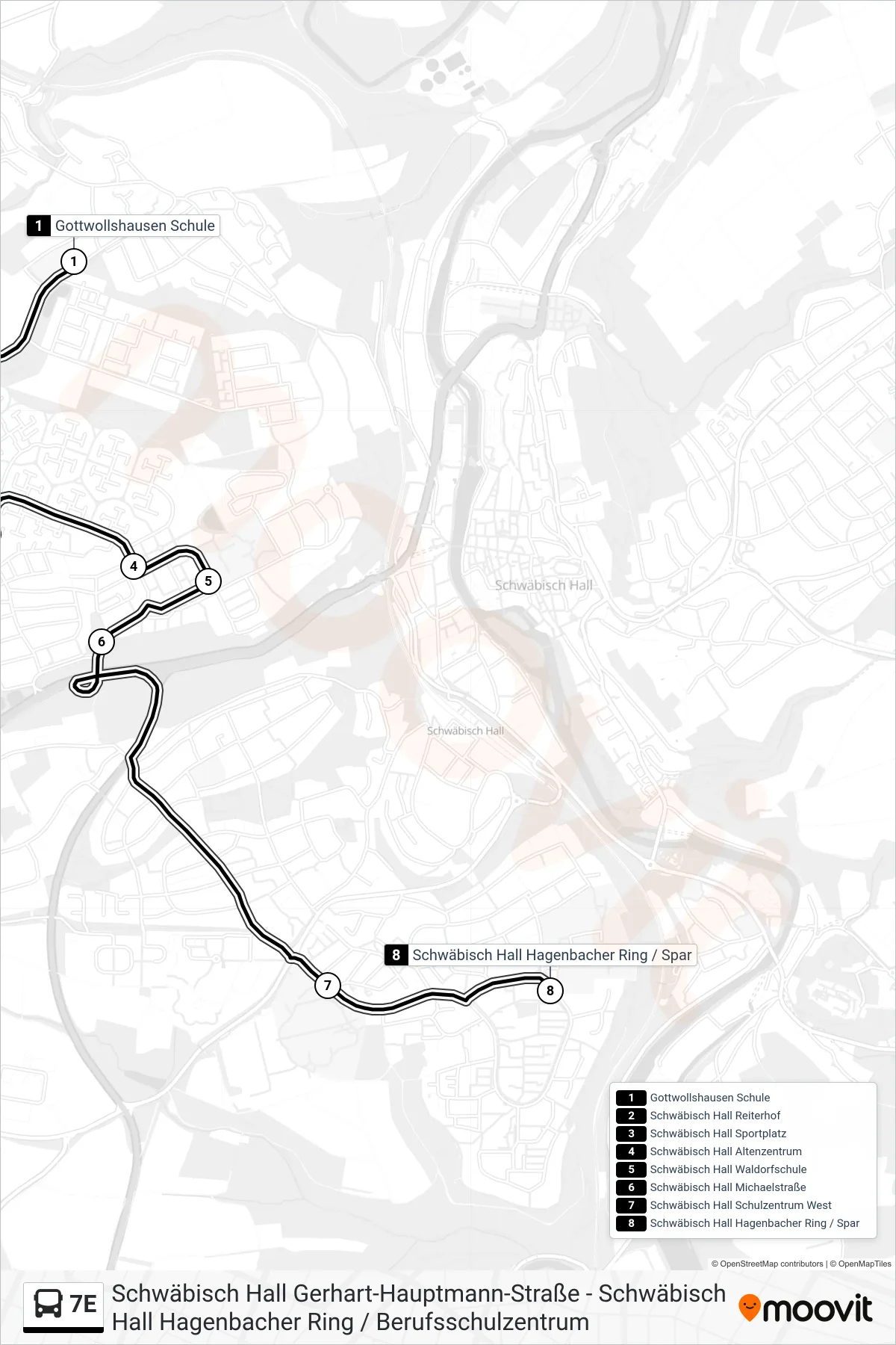 Linie 7E (Bus) Richtung Schwäbisch Hall Hagenbacher Ring / Spar: Route und Haltestellen auf der Karte