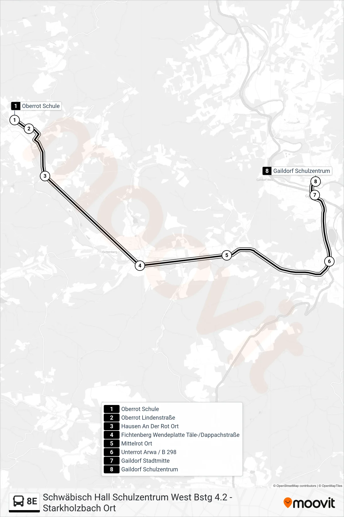 Linie 8E (Bus) Richtung Gaildorf Schulzentrum: Route und Haltestellen auf der Karte