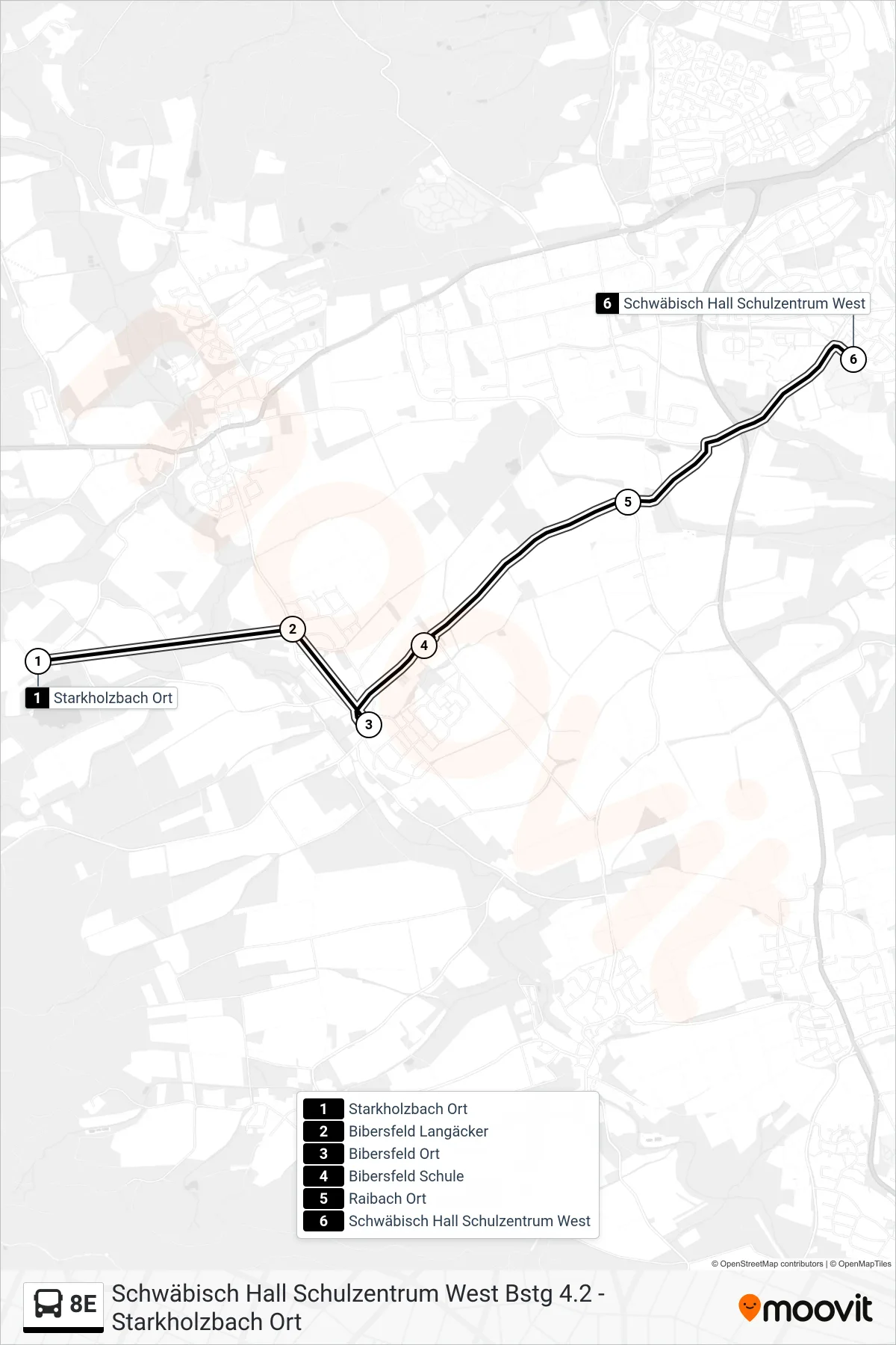 Linie 8E (Bus) Richtung Schwäbisch Hall Schulzentrum West: Route und Haltestellen auf der Karte