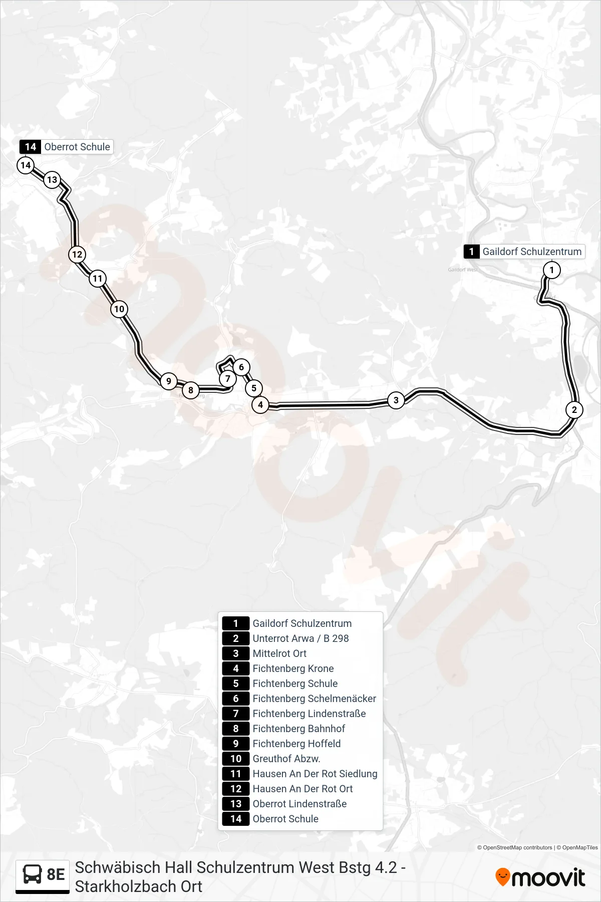 Linie 8E (Bus) Richtung Oberrot Schule: Route und Haltestellen auf der Karte