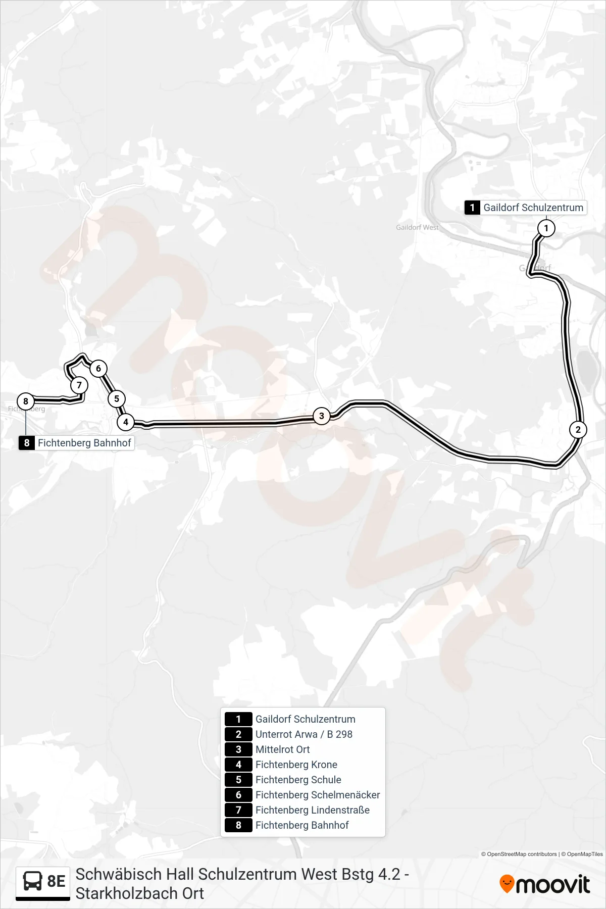 Linie 8E (Bus) Richtung Fichtenberg Bahnhof: Route und Haltestellen auf der Karte