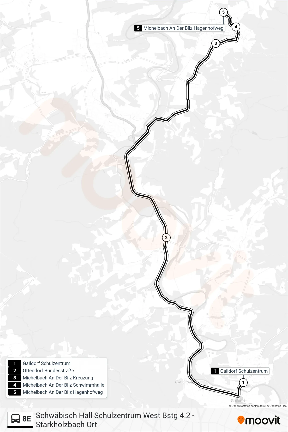 Linie 8E (Bus) Richtung Michelbach An Der Bilz Hagenhofweg: Route und Haltestellen auf der Karte