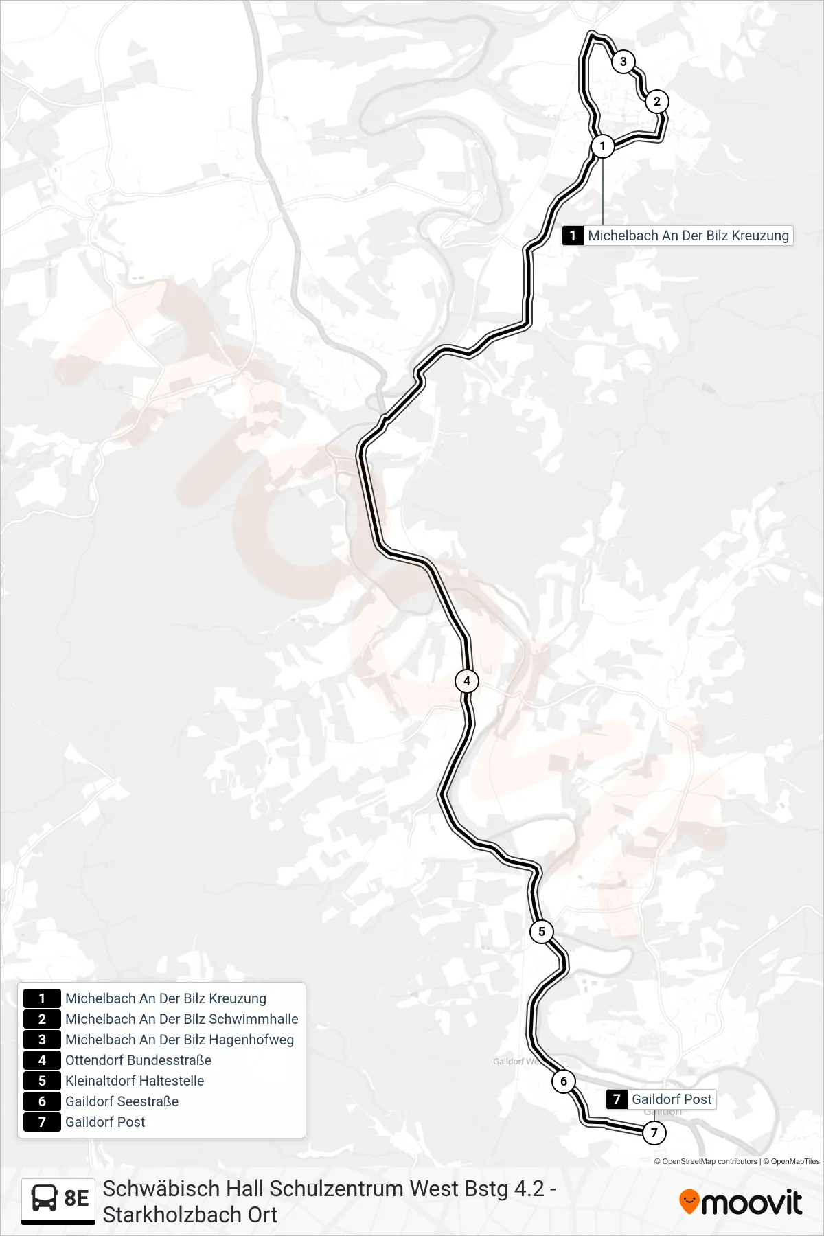 Linie 8E (Bus) Richtung Gaildorf Post: Route und Haltestellen auf der Karte