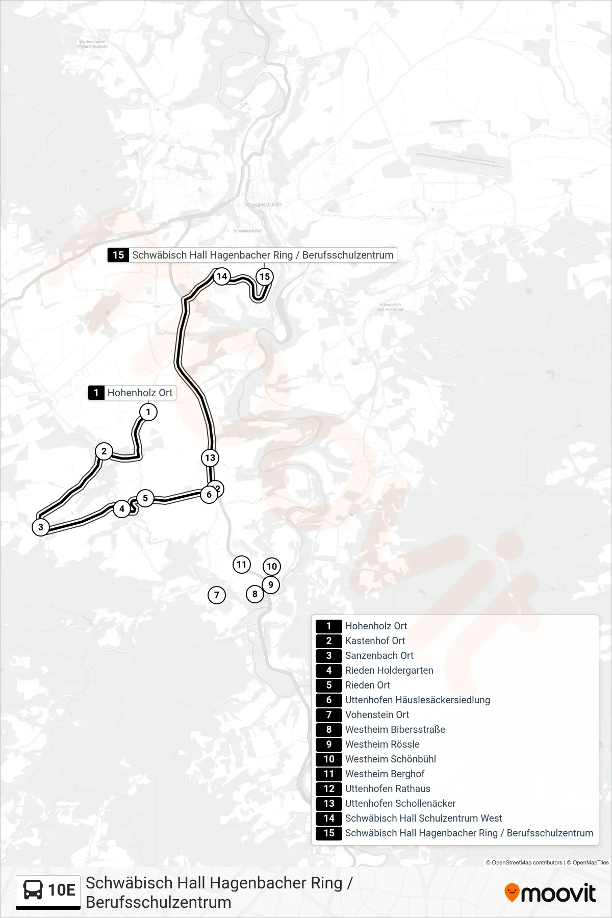 Linie 10E (Bus) Richtung Schwäbisch Hall Hagenbacher Ring / Berufsschulzentrum: Route und Haltestellen auf der Karte