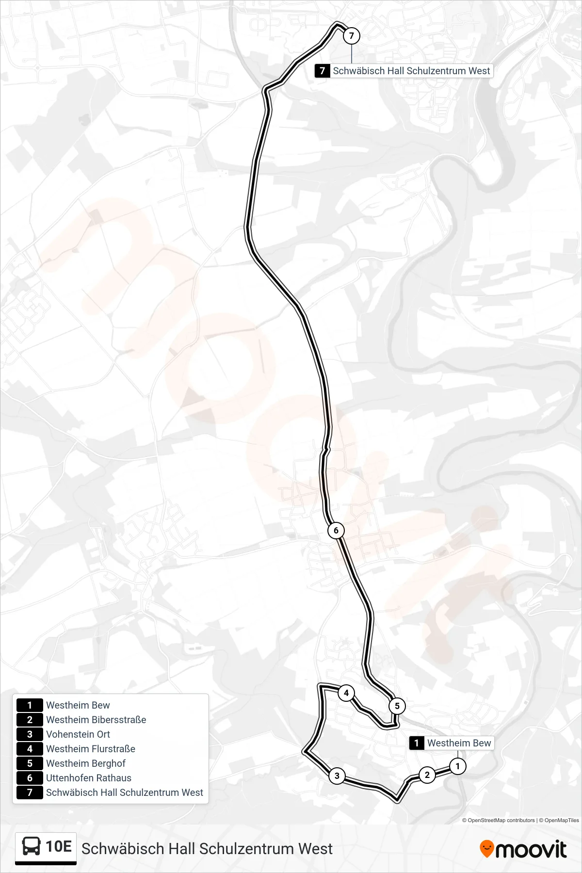 Linie 10E (Bus) Richtung Schwäbisch Hall Schulzentrum West: Route und Haltestellen auf der Karte