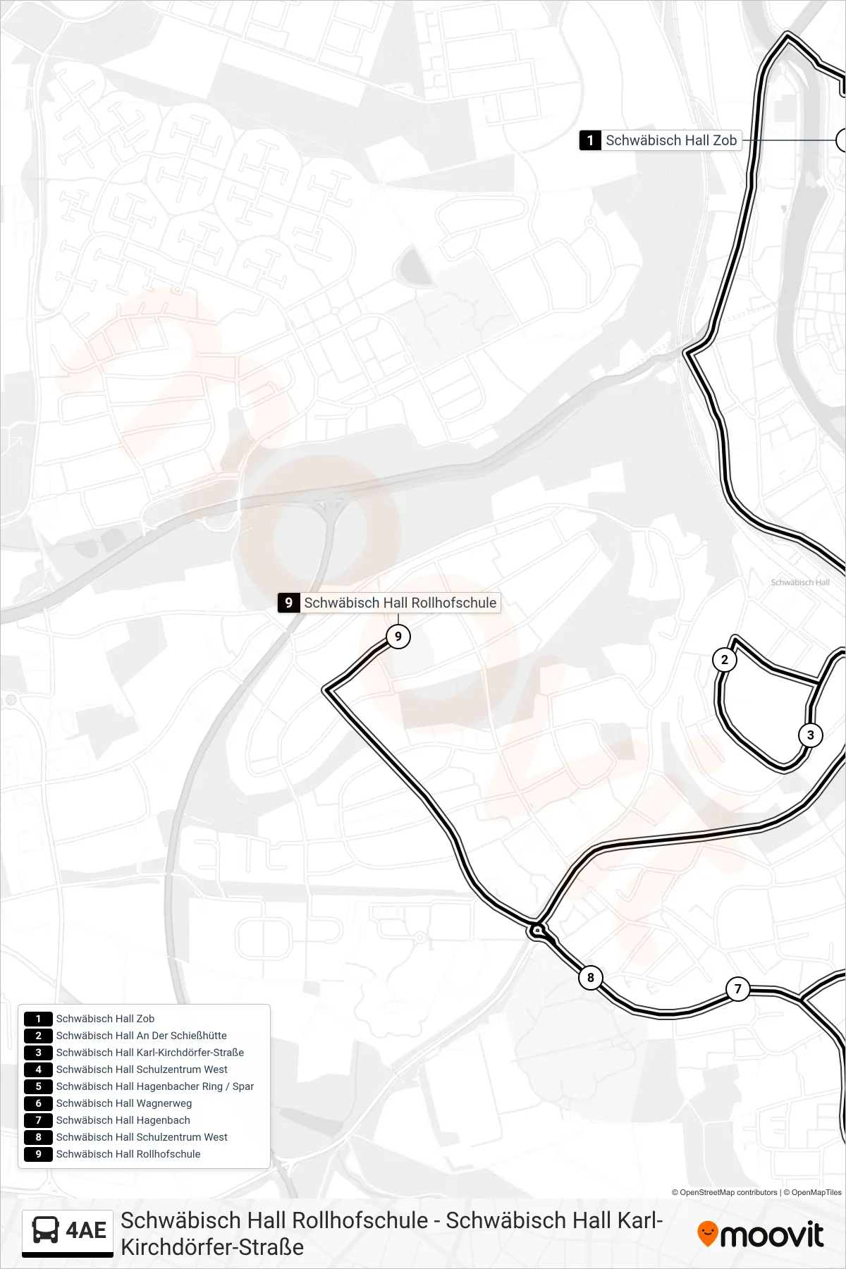 Linie 4AE (Bus) Richtung Schwäbisch Hall Rollhofschule: Route und Haltestellen auf der Karte