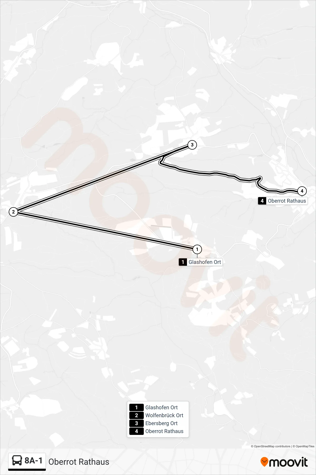 8A-1 bus Line (Oberrot Rathaus) route and stops on a map