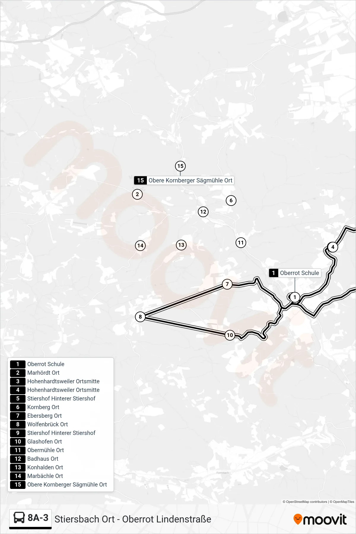 8A-3 bus Line (Oberrot Schule) route and stops on a map