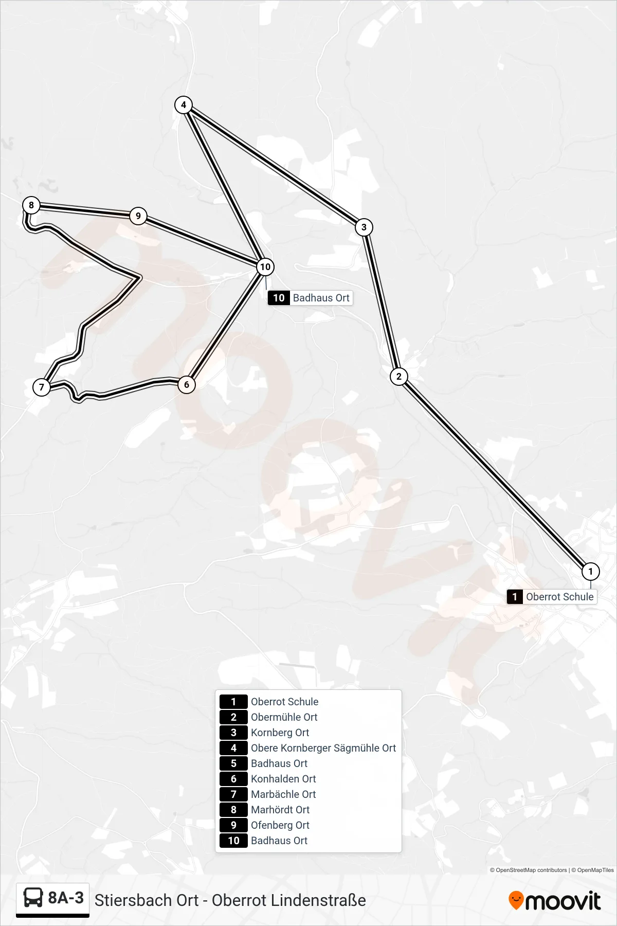 8A-3 bus Line (Badhaus Ort) route and stops on a map