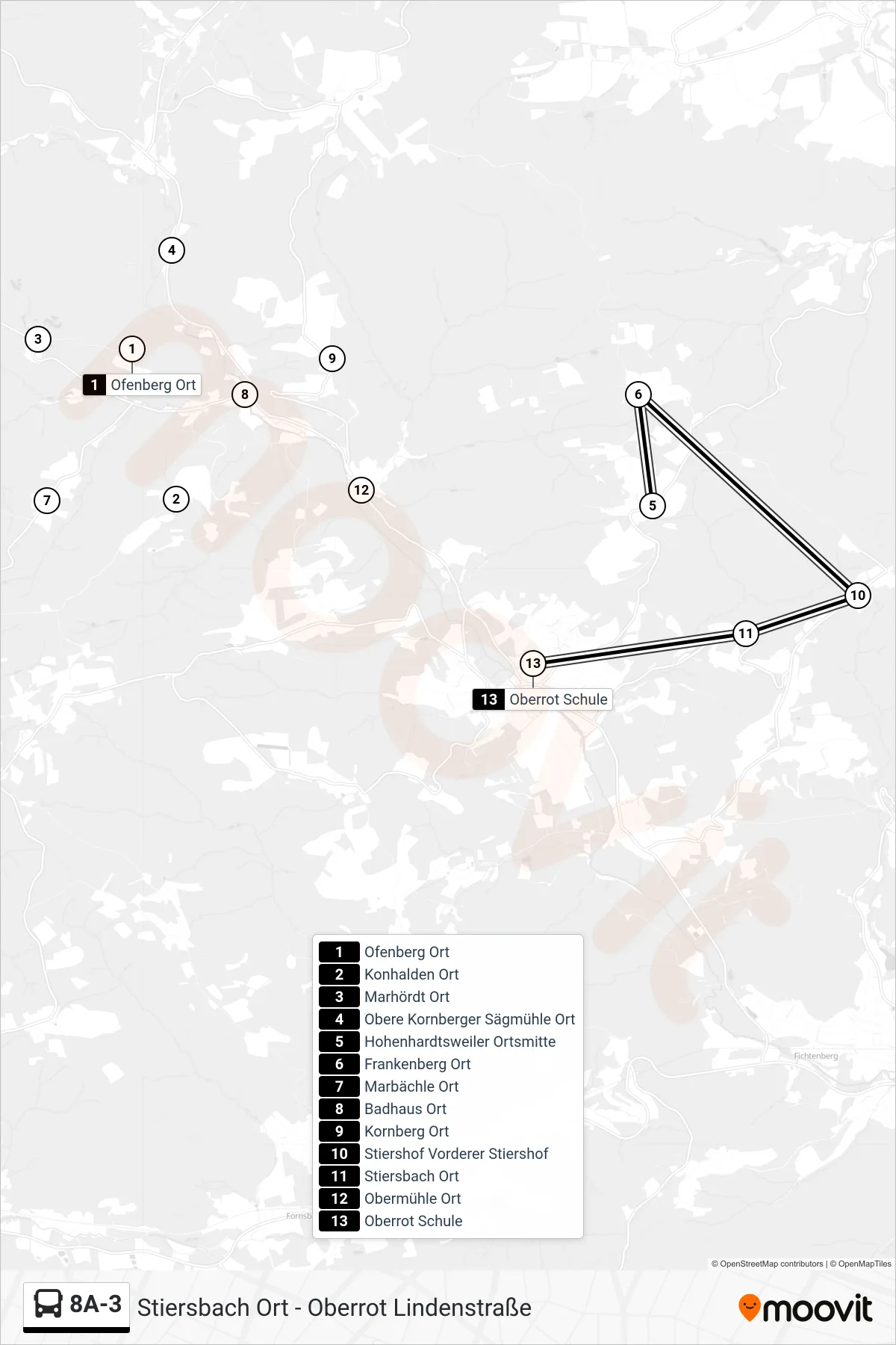 Linie 8A-3 (Bus) Richtung Oberrot Schule: Route und Haltestellen auf der Karte