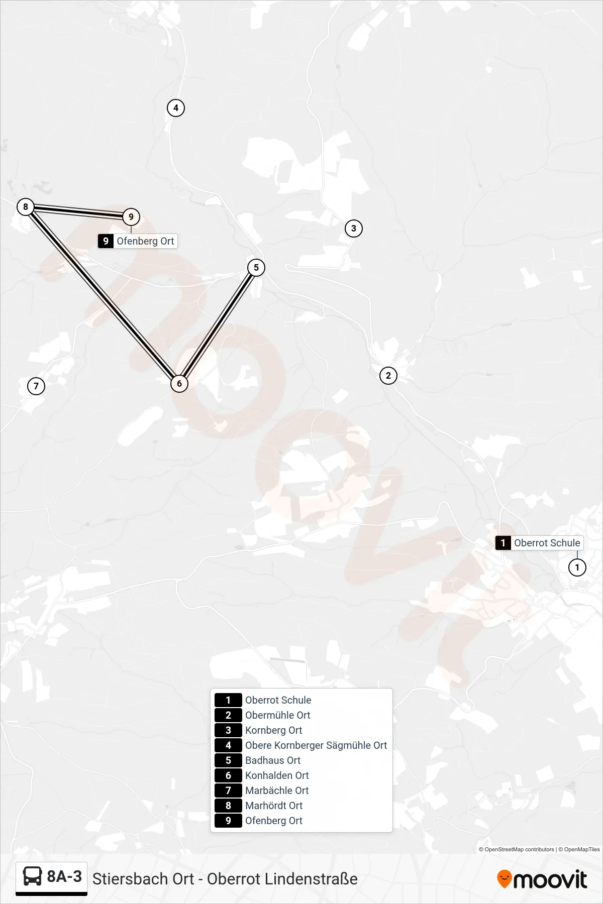 8A-3 bus Line (Ofenberg Ort) route and stops on a map